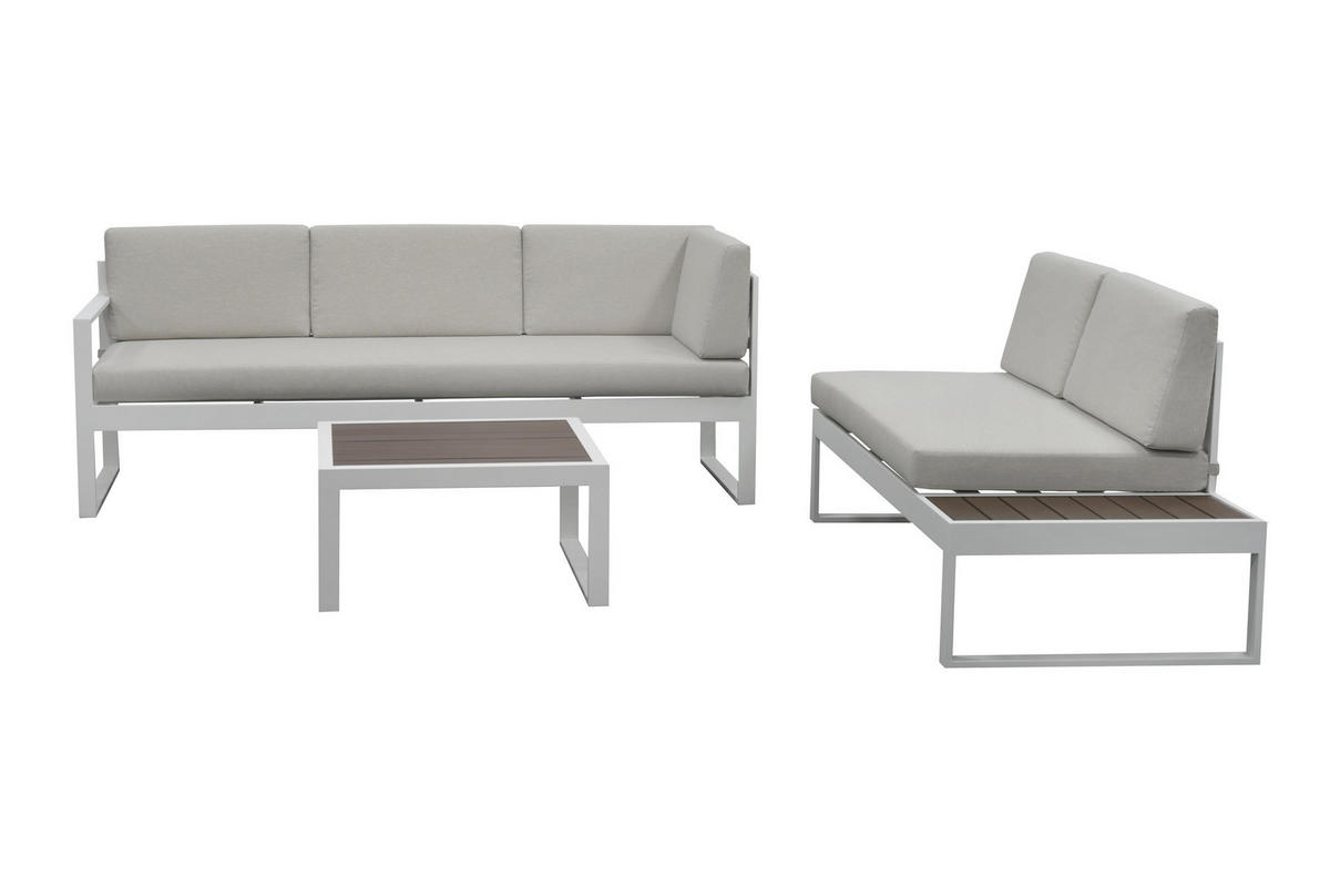 LOUNGE-SET Lima Weiß 5-Sitzer Aluminium mit Couchtisch in Holzoptik - Weiß, Kunststoff - bellavista - Home & Garden