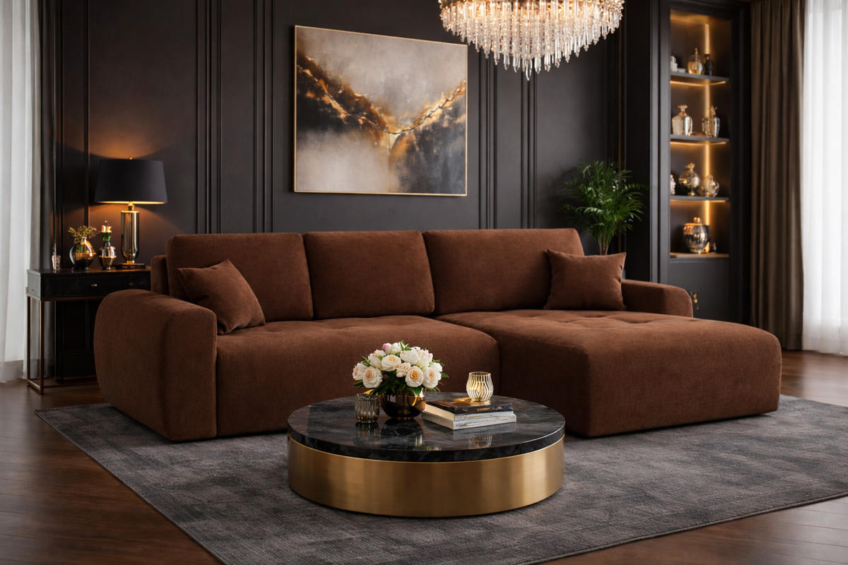 ECKSOFA Mit Schlaffunktion Und Bettkasten L-Form Ivo L, Veloursstoff Salvador, Dunkelbraun, Rechts - Dunkelbraun, Holz (250/142cm) - Kaiser Möbel