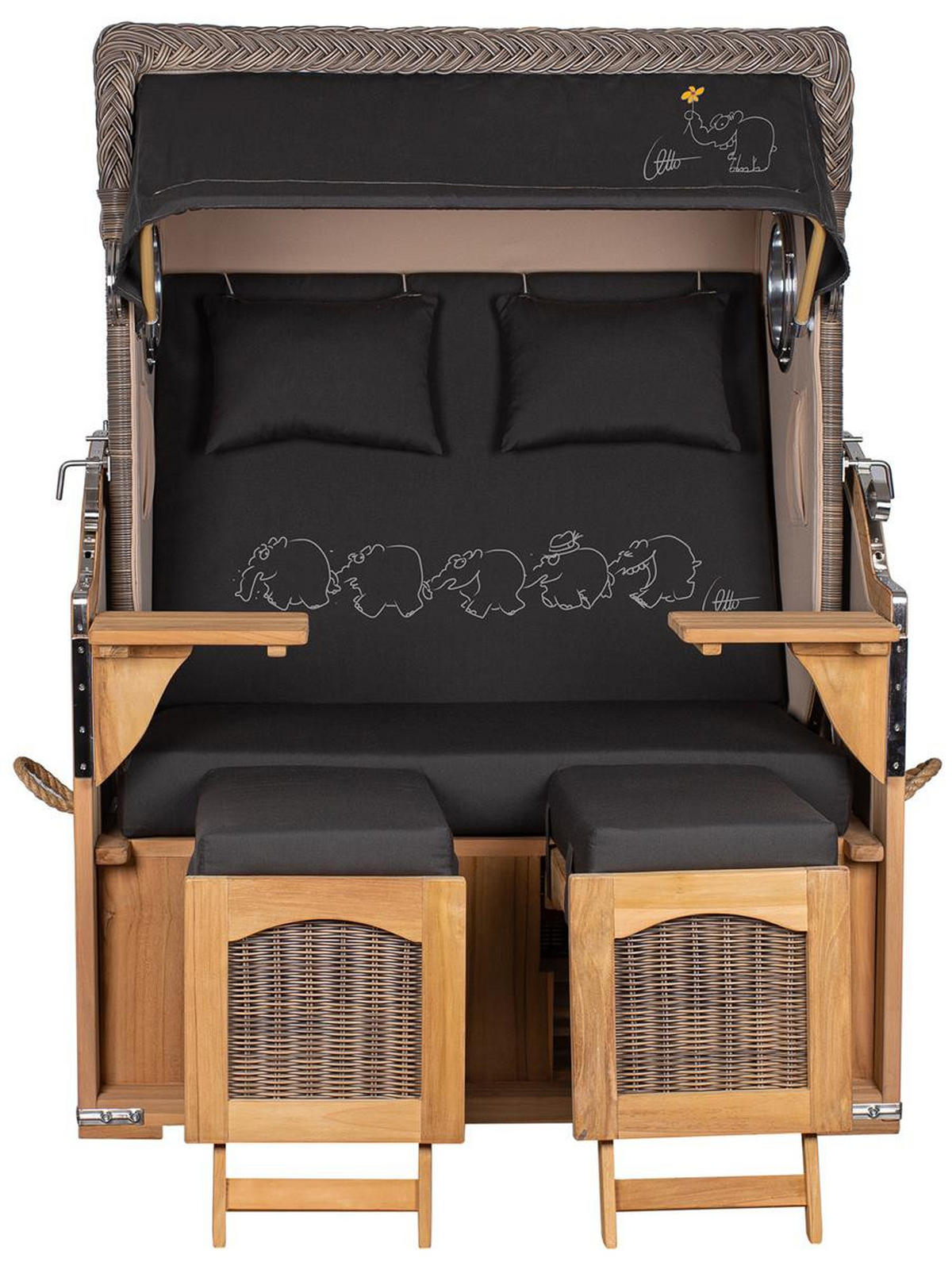 STRANDKORB Düne Bullauge Teak PE Grey Dessin Ottifant - Schwarz/Braun, Metall (125/170/80cm) - Mr. Deko