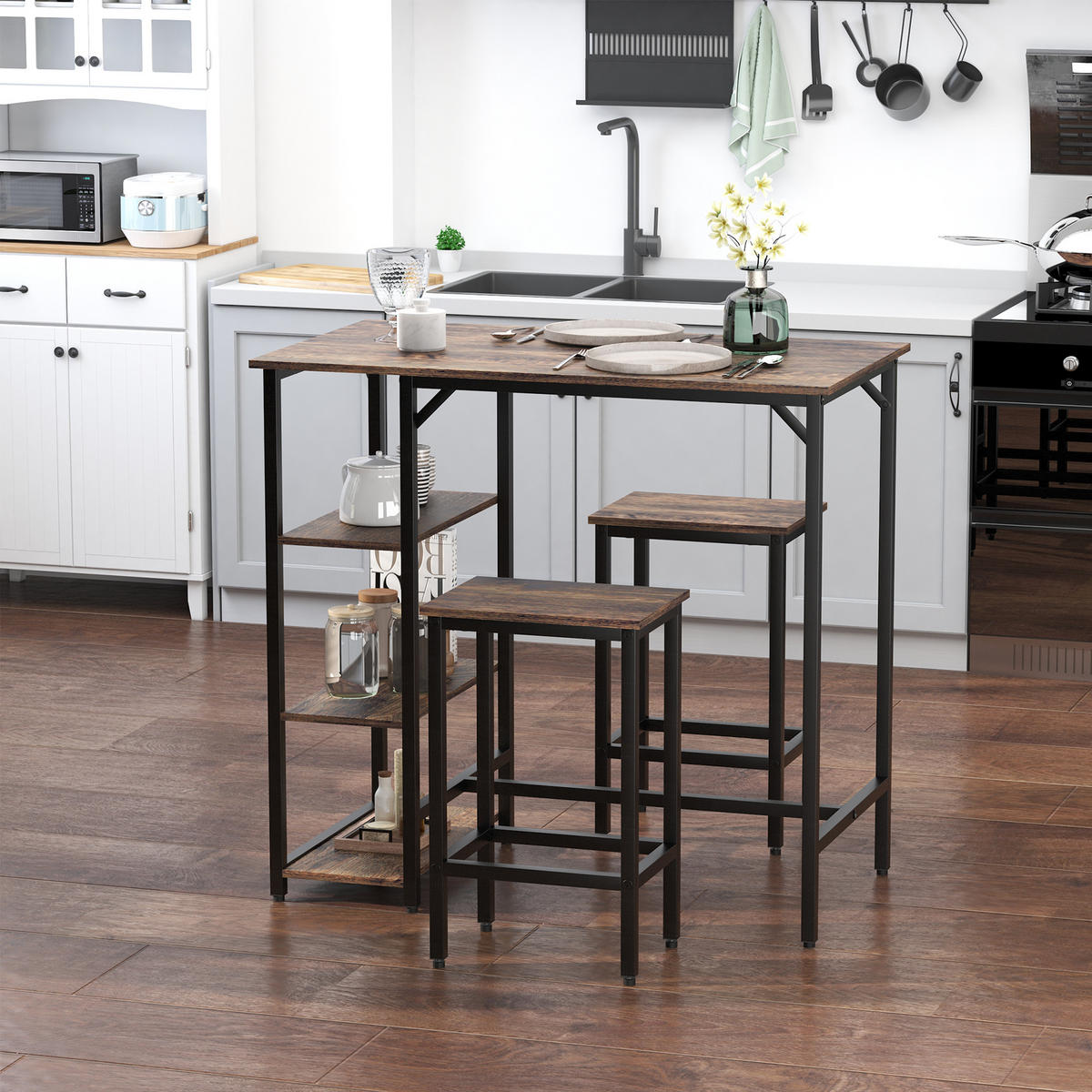 BARTISCH-SET Stehtisch mit 2 Barhockern 3-tlg. Tischset mit Regale Stahl - Schwarz, Kunststoff (60/100/109cm) - HOMCOM