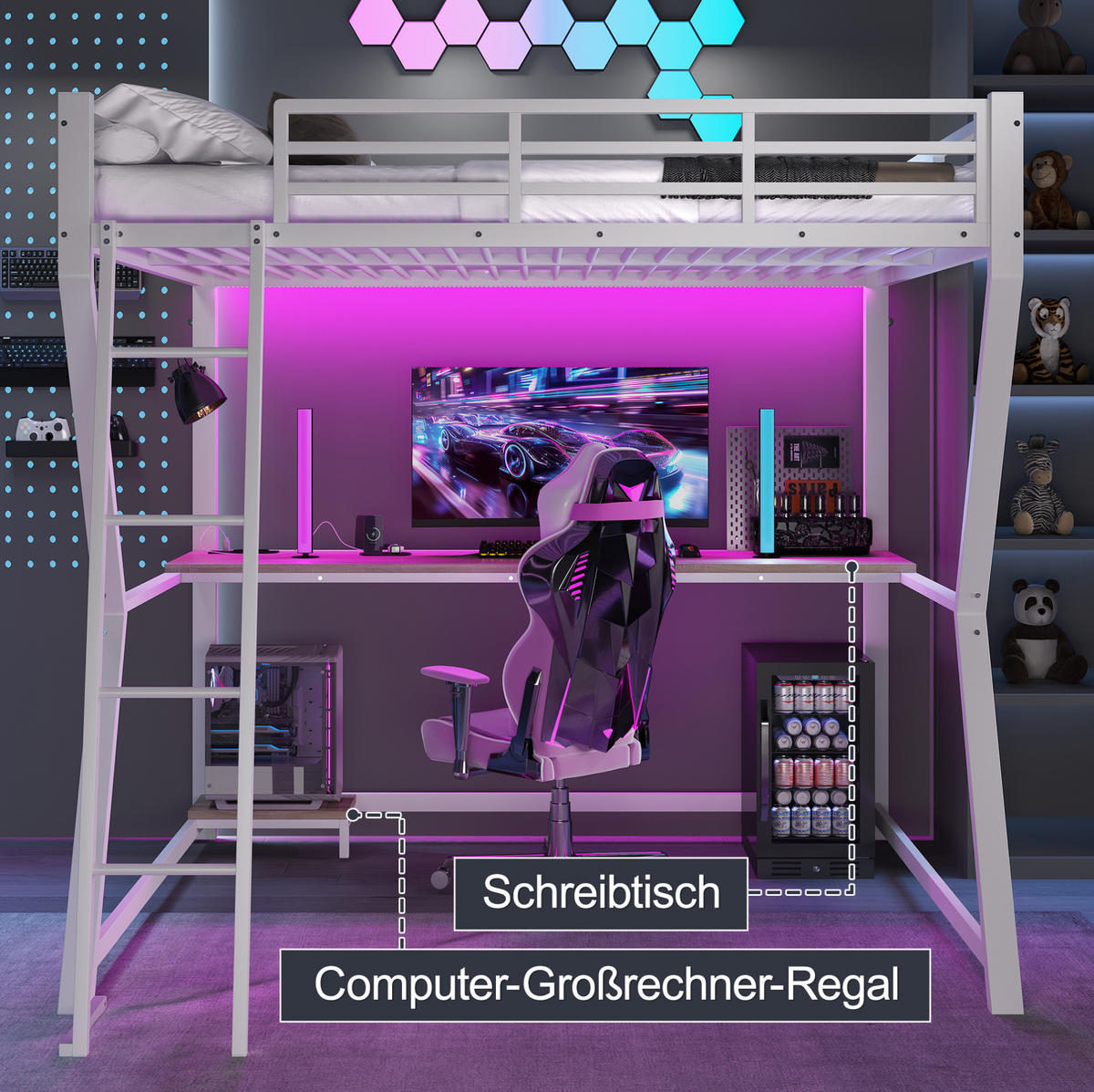 HOCHBETT 140/200 cm in Weiß mit LED-Beleuchtung, Schreibtisch und USB-Anschluss - Weiß, Metall (140/200cm) - Flora Grace