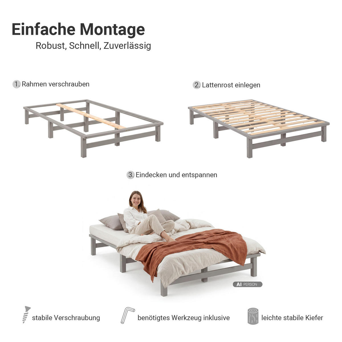 HOLZBETT mit Matratze 120/200 cm grau - Grau, Holz (120/200cm) - Homestyle4u