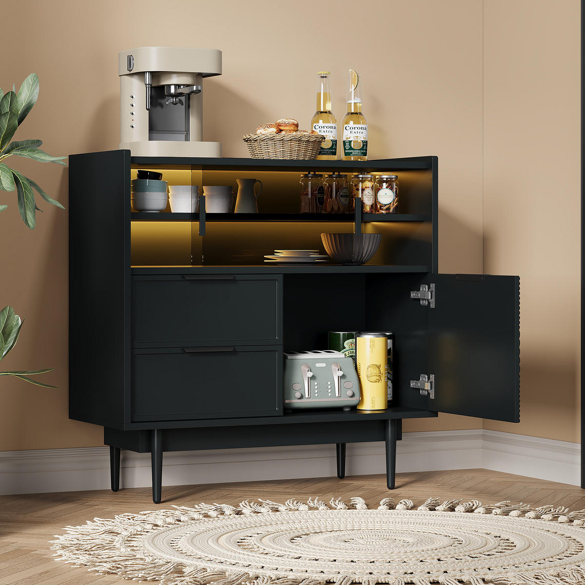 SIDEBOARD 80/35/80 cm mit Glasschiebetür, einstellbarer 16-Farben LED-Leiste, MDF, Schwarz - Schwarz, Holzwerkstoff (80/80/35cm) - Redom