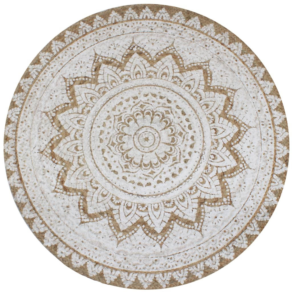 HANDWEBTEPPICH mit Mandala-Druck Rund 120 cm aus Geflochtene Jute - Naturfarben, Textil (120/120cm) - vidaXL