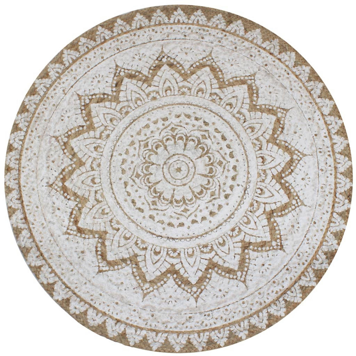HANDWEBTEPPICH mit Mandala-Druck Rund 120 cm aus Geflochtene Jute - Naturfarben, Textil (120/120cm) - vidaXL
