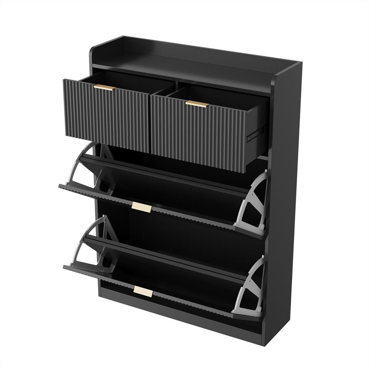 SCHUHSCHRANK im modernen - Kompakter Kipp-Schuhkipper mit 2 Schubladen und 2 Klappen - Schwarz - Schwarz, Holzwerkstoff (24/110/80cm) - DELFA