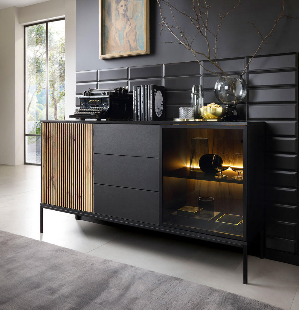 KOMMODE Sento schwarz / Wotan Eiche 154 / 39 / 83cm - Eiche Wotan/Schwarz, Holz/Holzwerkstoff (154/83/39cm) - Feldmann-Wohnen