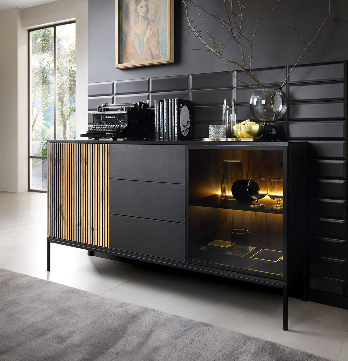 KOMMODE Sento schwarz / Wotan Eiche 154 / 39 / 83cm - Eiche Wotan/Schwarz, Holz/Holzwerkstoff (154/83/39cm) - Feldmann-Wohnen