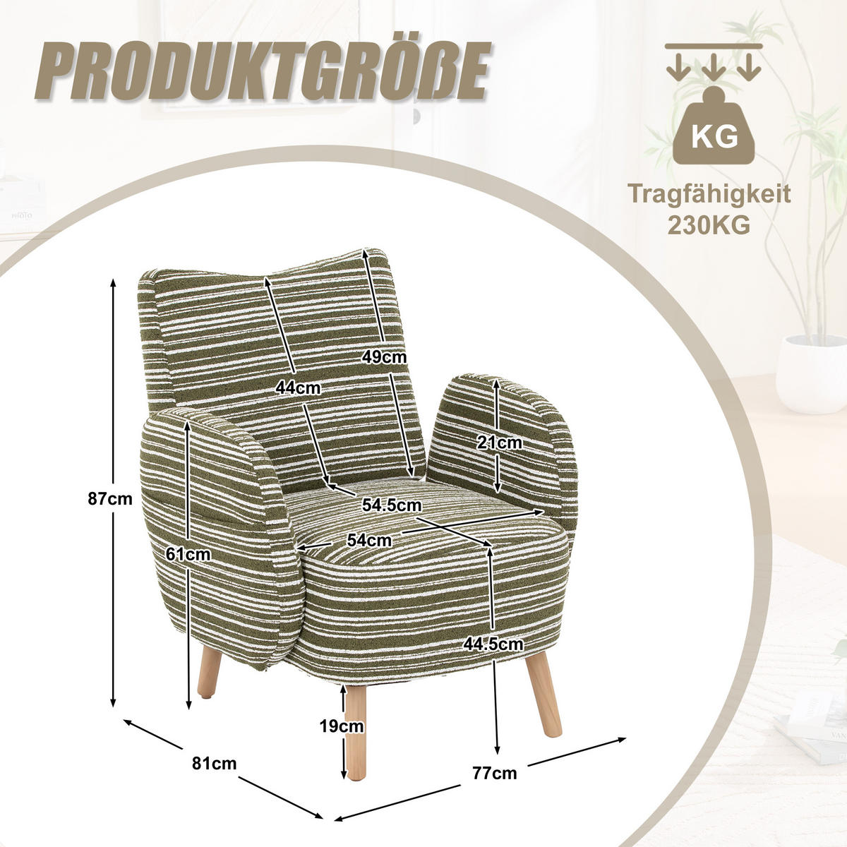 SESSEL Bouclé Olivgrün mit Seitentasche - Olivgrün, Holzwerkstoff/Textil (77/87/81cm) - WISHDOR