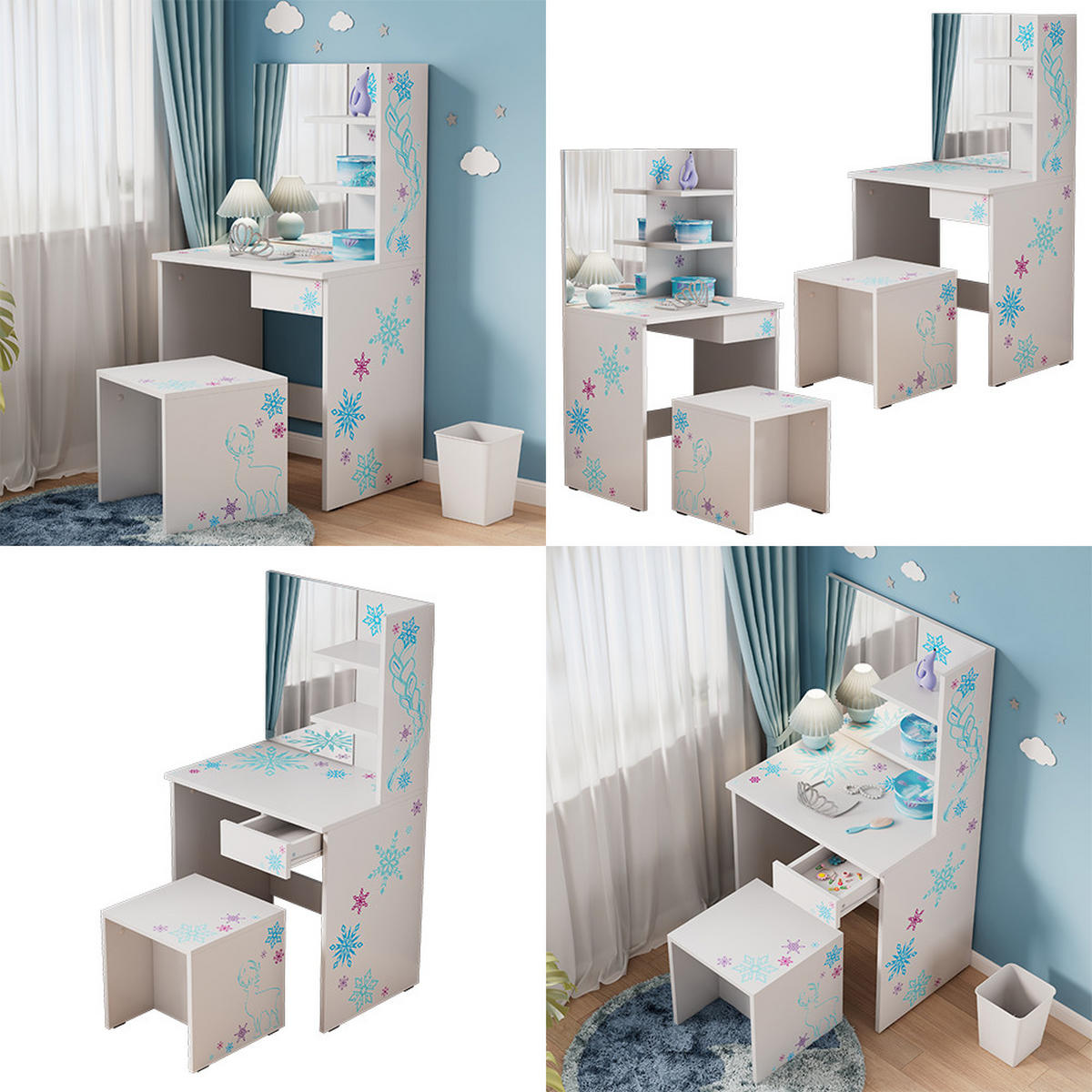 SCHMINKTISCH Schneeflocke Weiß 55 cm mit Hocker - Weiß, Holzwerkstoff (55/103/40cm) - Vicco