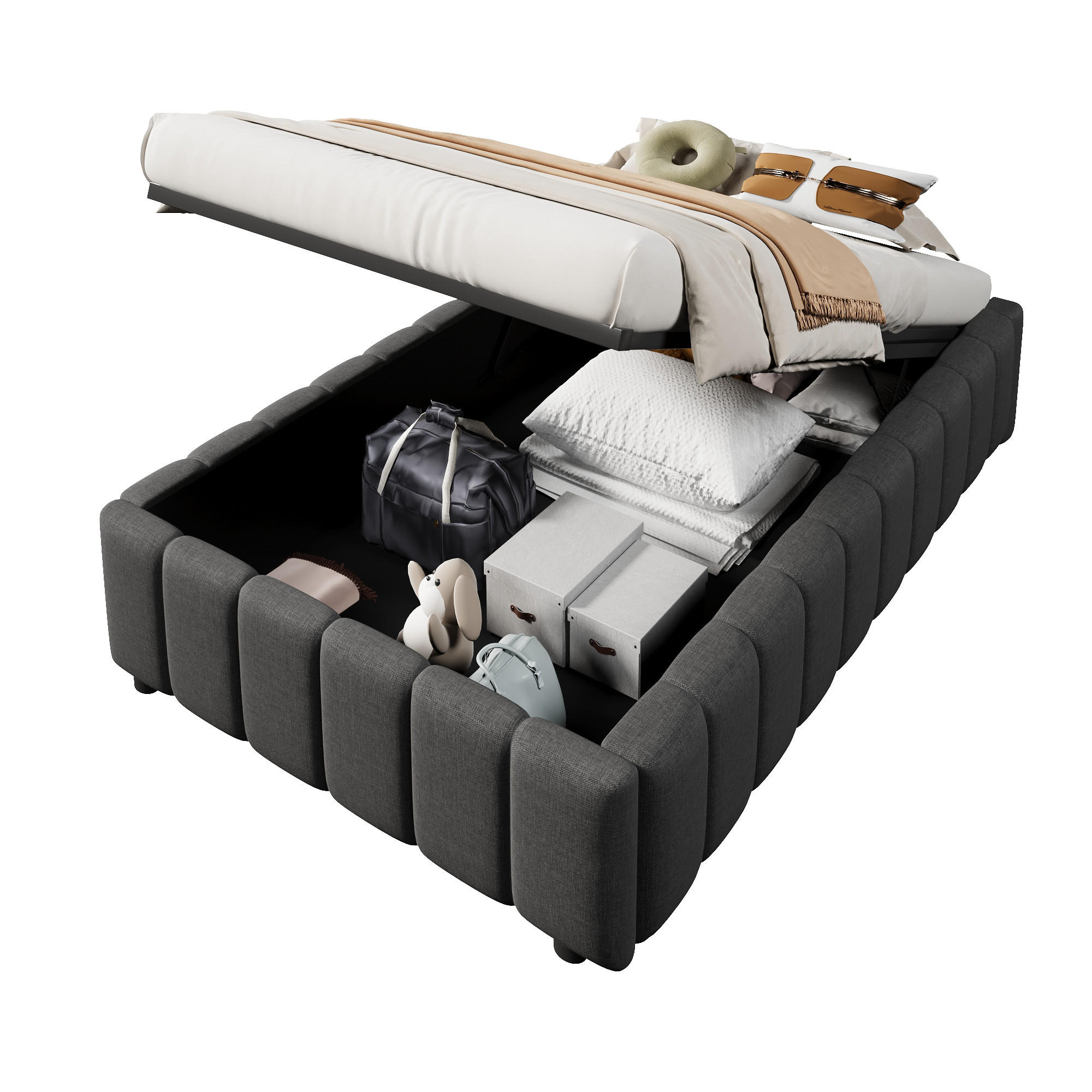 POLSTERBETT 90/200 cm Grau aus Leinen mit hydraulischem Stauraum ohne Kopfteil - Grau, Textil (90/200cm) - OKWISH