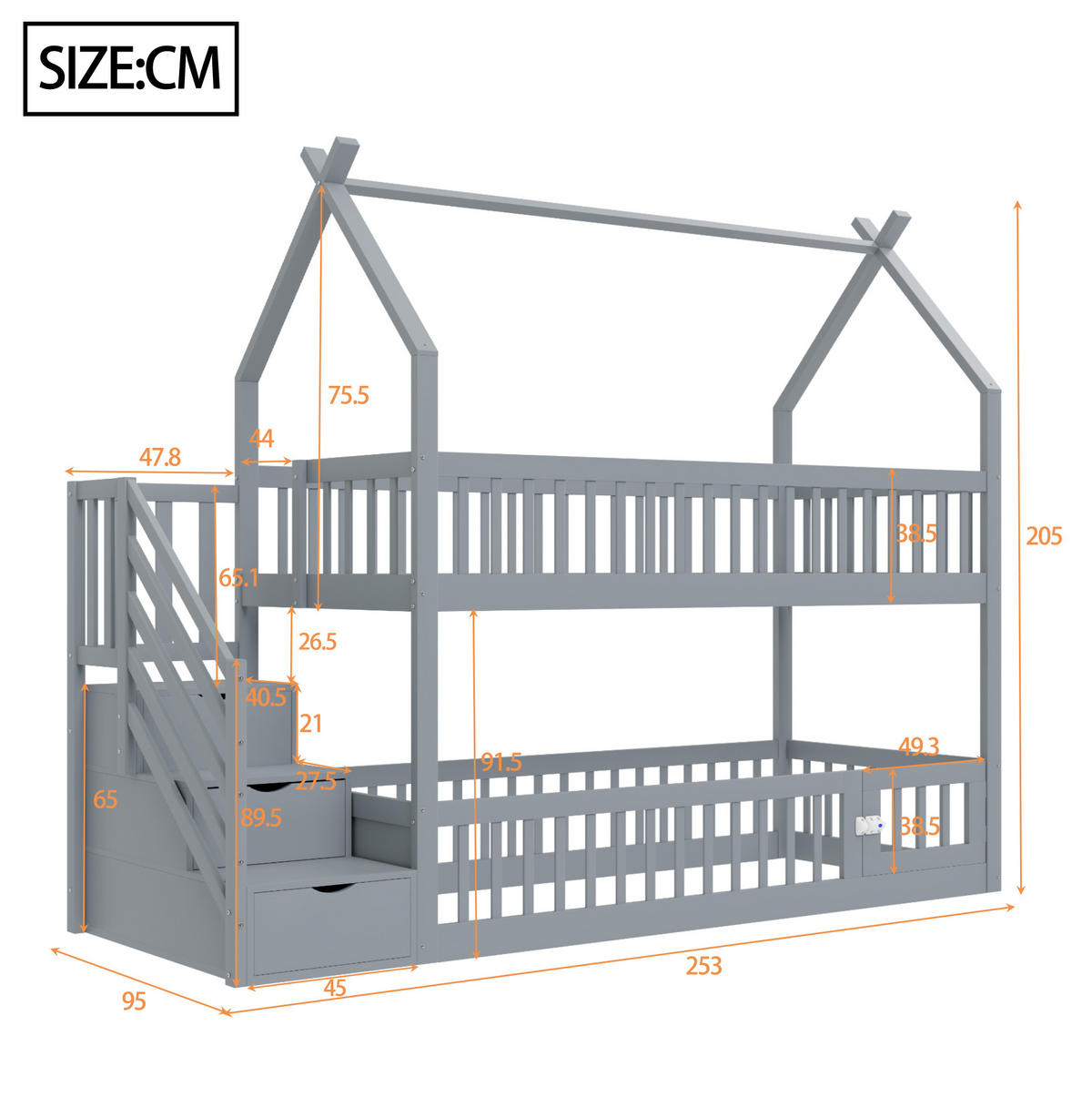 ETAGENBETT 90/200 cm mit Dach, Sicherheitstreppe und Schubladen, Grau - Grau, Holzwerkstoff (90/200cm) - Redom