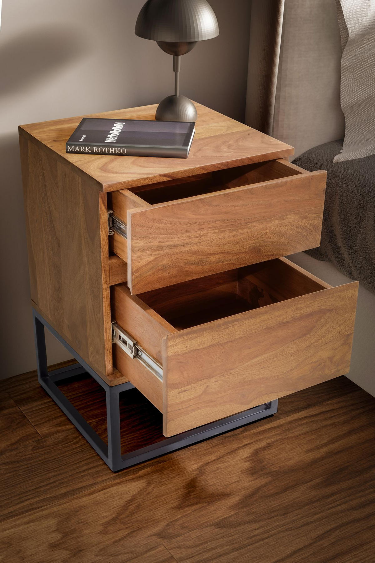 NACHTTISCH – Massivholz/Metall, 40x38x60 cm, 2 Schubladen, Industrial-Stil - Sheeshamfarben/Schwarz, Holz/Metall (40/60/38cm) - KADIMA DESIGN