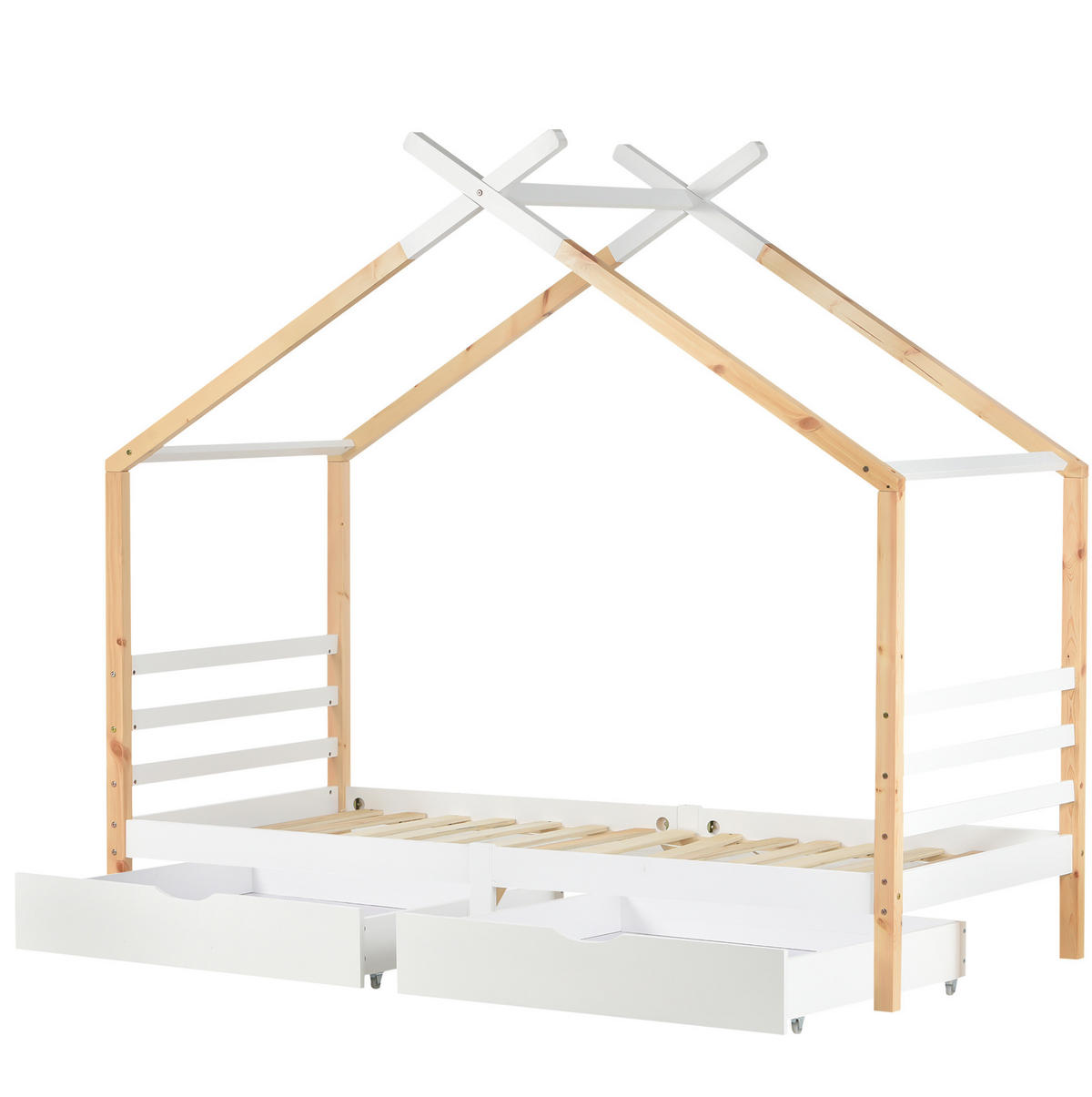 POSTELJA v obliki hiše 90/200 cm bela s predali iz masivnega bora in MDF - bela, les (90/200cm) - OKWISH