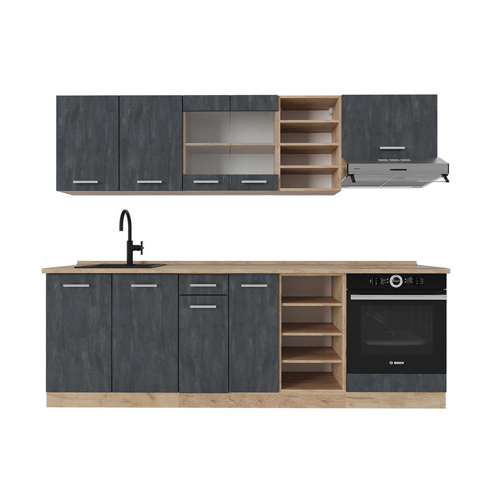 KÜCHENZEILE R-Line Schwarz Beton/Goldkraft Eiche 240 cm ohne AP - Eiche Wotan/Schwarz, Holzwerkstoff (240/81.6/46cm) - Vicco
