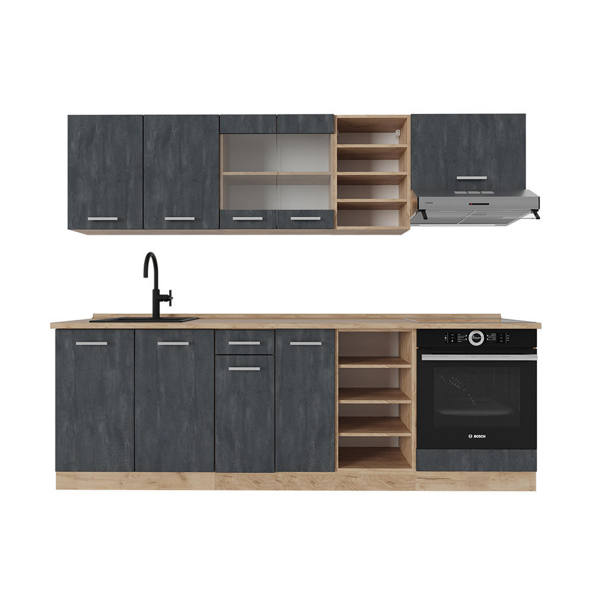 KÜCHENZEILE R-Line Schwarz Beton/Goldkraft Eiche 240 cm AP Eiche - Eiche Wotan/Schwarz, Holzwerkstoff (240/81.6/60cm) - Vicco