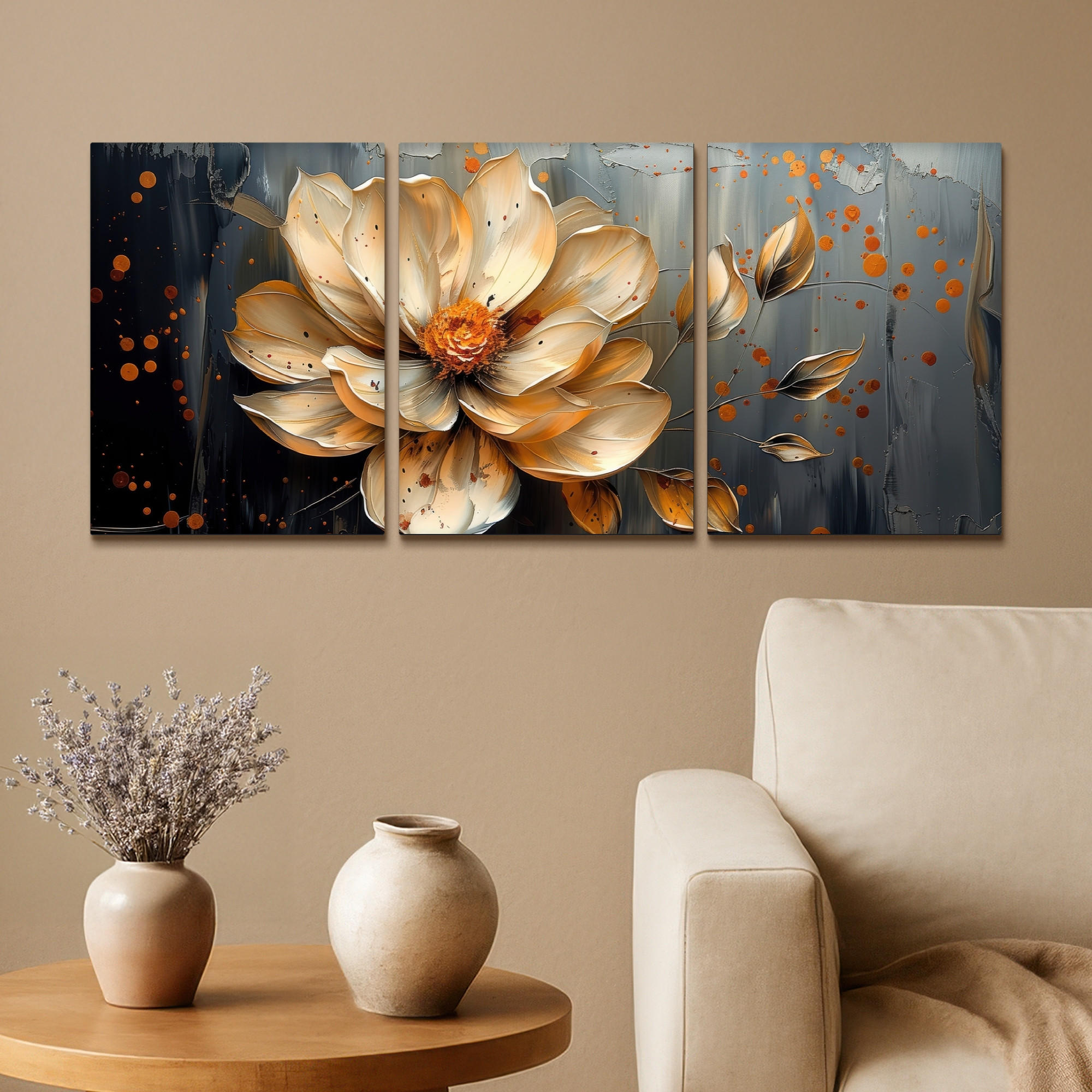 LEINWANDBILD 3er Set Blume - Gold - Abstrakt - Farbe 90x40 cm - Creme, Textil (90/40cm) - MuchoWow