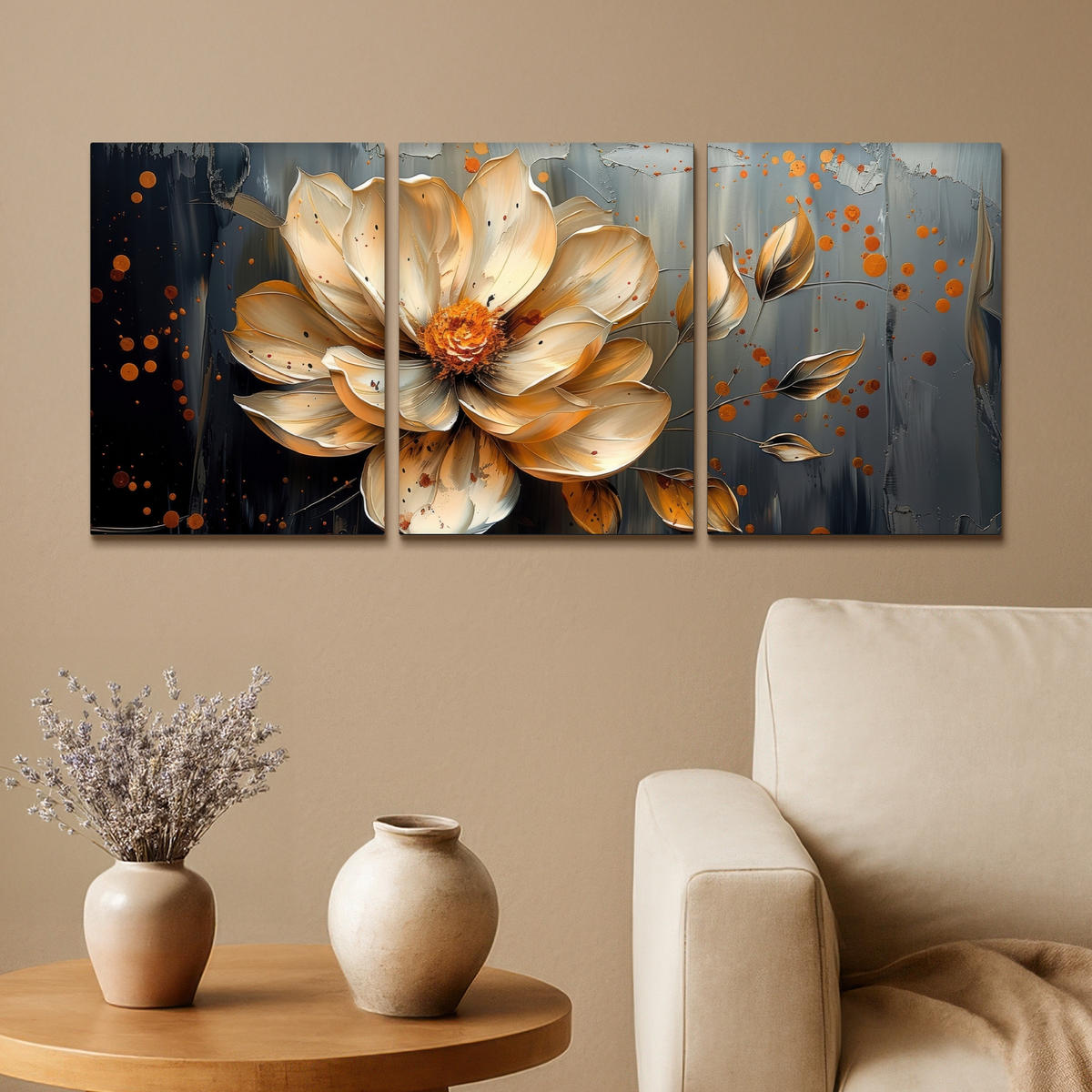 LEINWANDBILD 3er Set Blume - Gold - Abstrakt - Farbe 90x40 cm - Creme, Textil (90/40cm) - MuchoWow