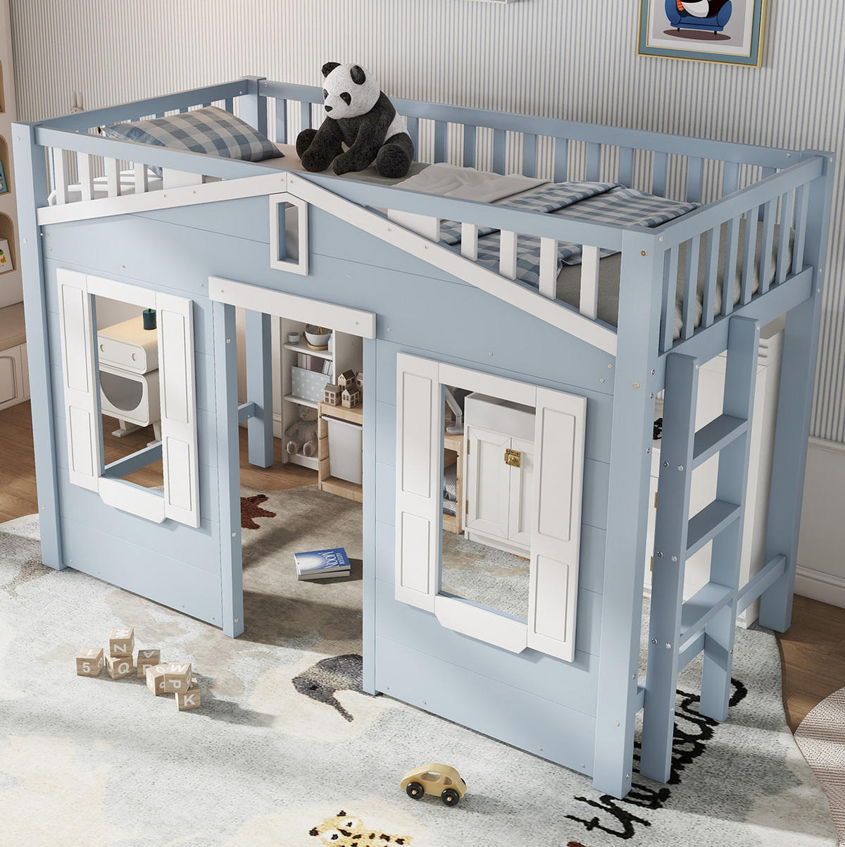 HOCHBETT 90/200 cm in Weiß und Blau mit flexibler Treppe und Fenstergestaltung - Blau, Holzwerkstoff (90/200cm) - Flora Grace