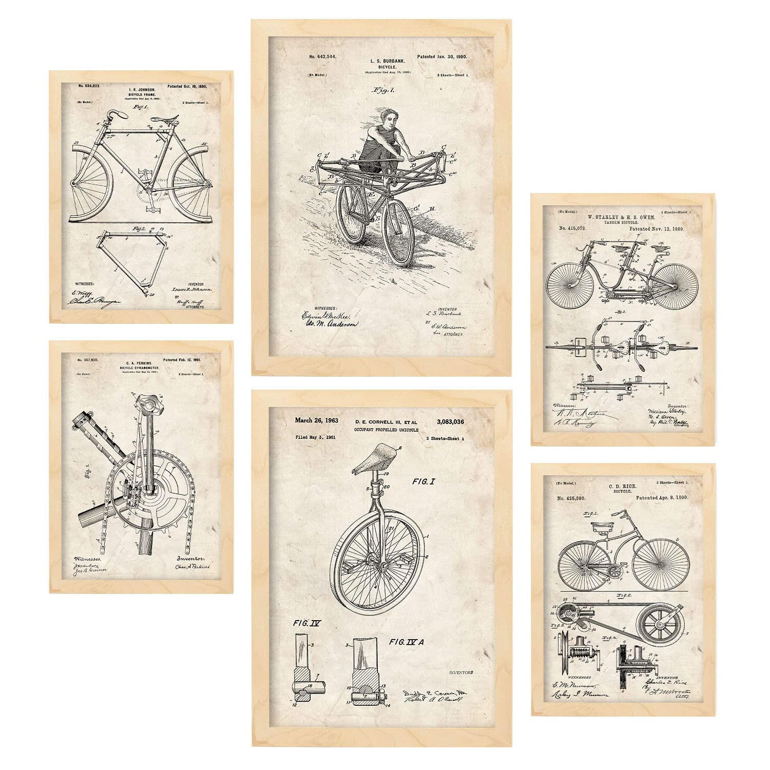 POSTER Set Mit 6 Plakaten Mit Fahrrad Patenten Im Vintage Stil A3 & A4 Rahmen Aus Hellem Holz - Beige, Papier (29/3cm) - Nacnic