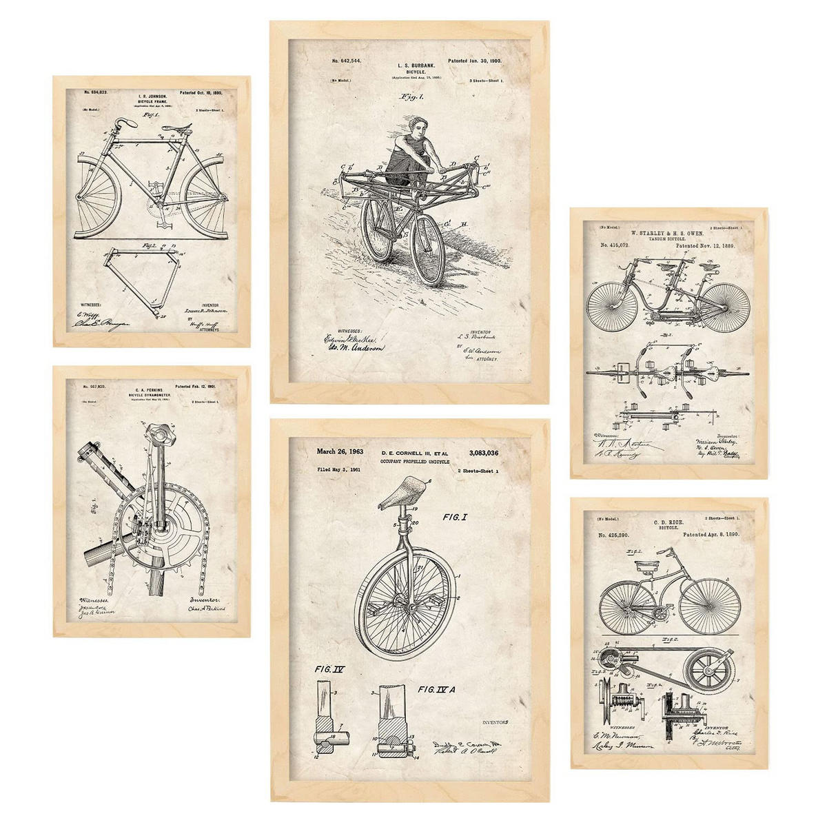 POSTER Set Mit 6 Plakaten Mit Fahrrad Patenten Im Vintage Stil A3 & A4 Rahmen Aus Hellem Holz - Beige, Papier (29/3cm) - Nacnic