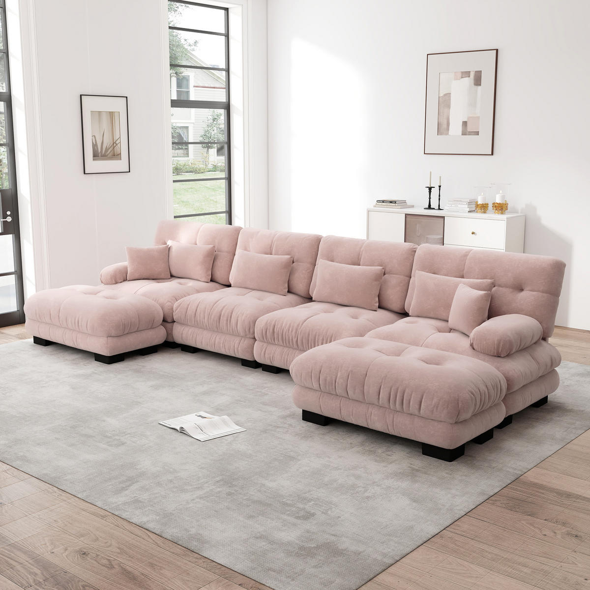 WOHNLANDSCHAFT Chenille Pink mit beweglichen Ottomane - Rosa, Textil (406/81/145cm) - WISHDOR
