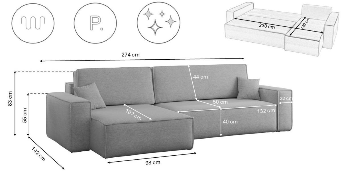ECKSOFA Mit Schlaffunktion Und Bettkasten, Eckcouch Best XL Stoff Verita Grau Links - Grau, Holz (145/274cm) - Kaiser Möbel