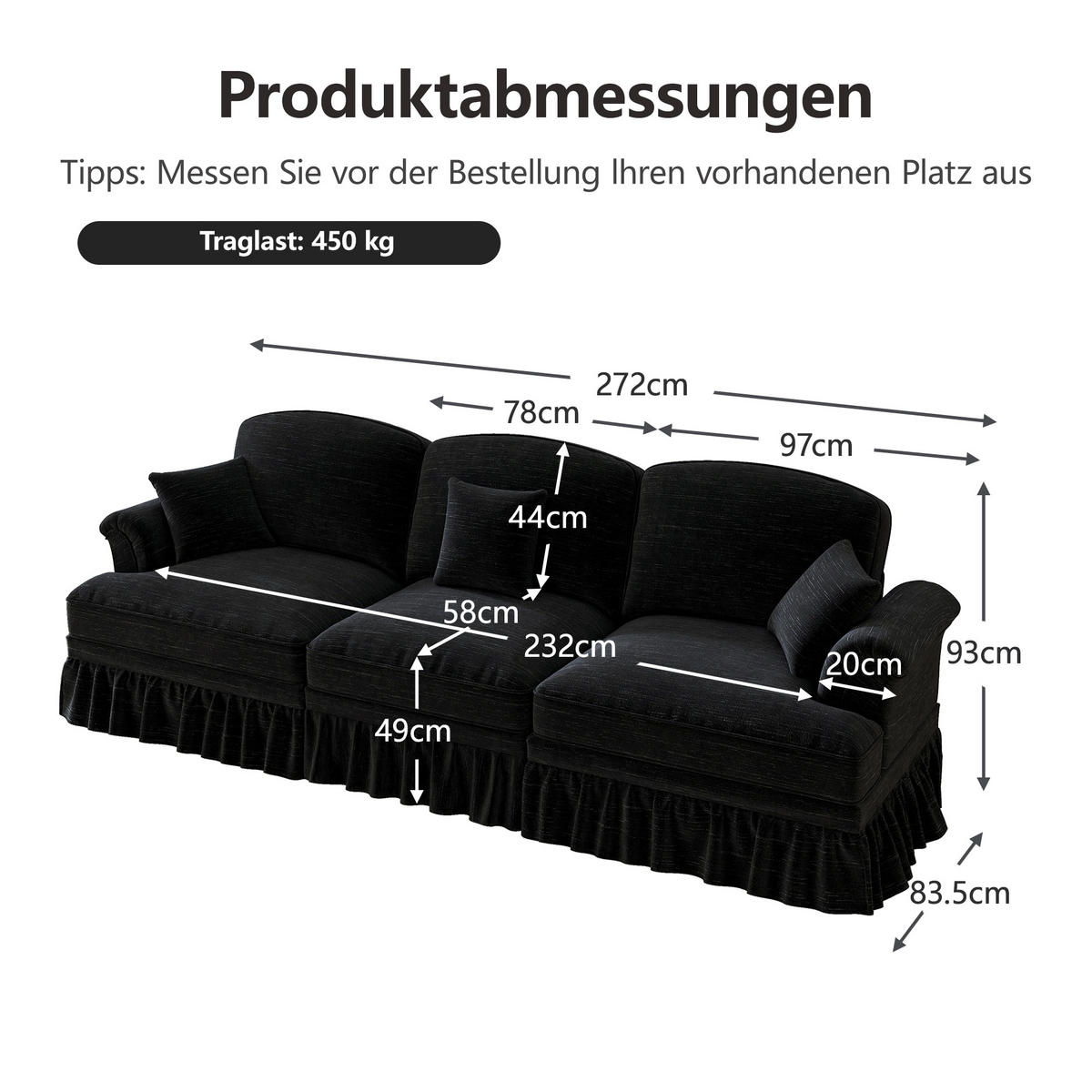 3-SITZER-SOFA DE-34092 mit abnehmbarem Volant Schwarz - Schwarz, Textil (83.5/93/272cm) - ComfortXL