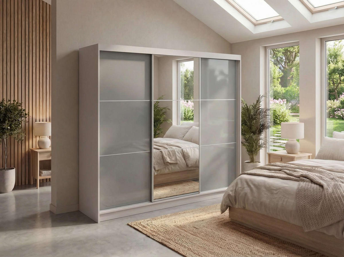 SCHWEBETÜRENSCHRANK mit Spiegel - WALENCJA - 240 - Kaschmir-Grau lacobel - Kaschmir/Alufarben, Holzwerkstoff/Metall (240/216/61cm) - MKS