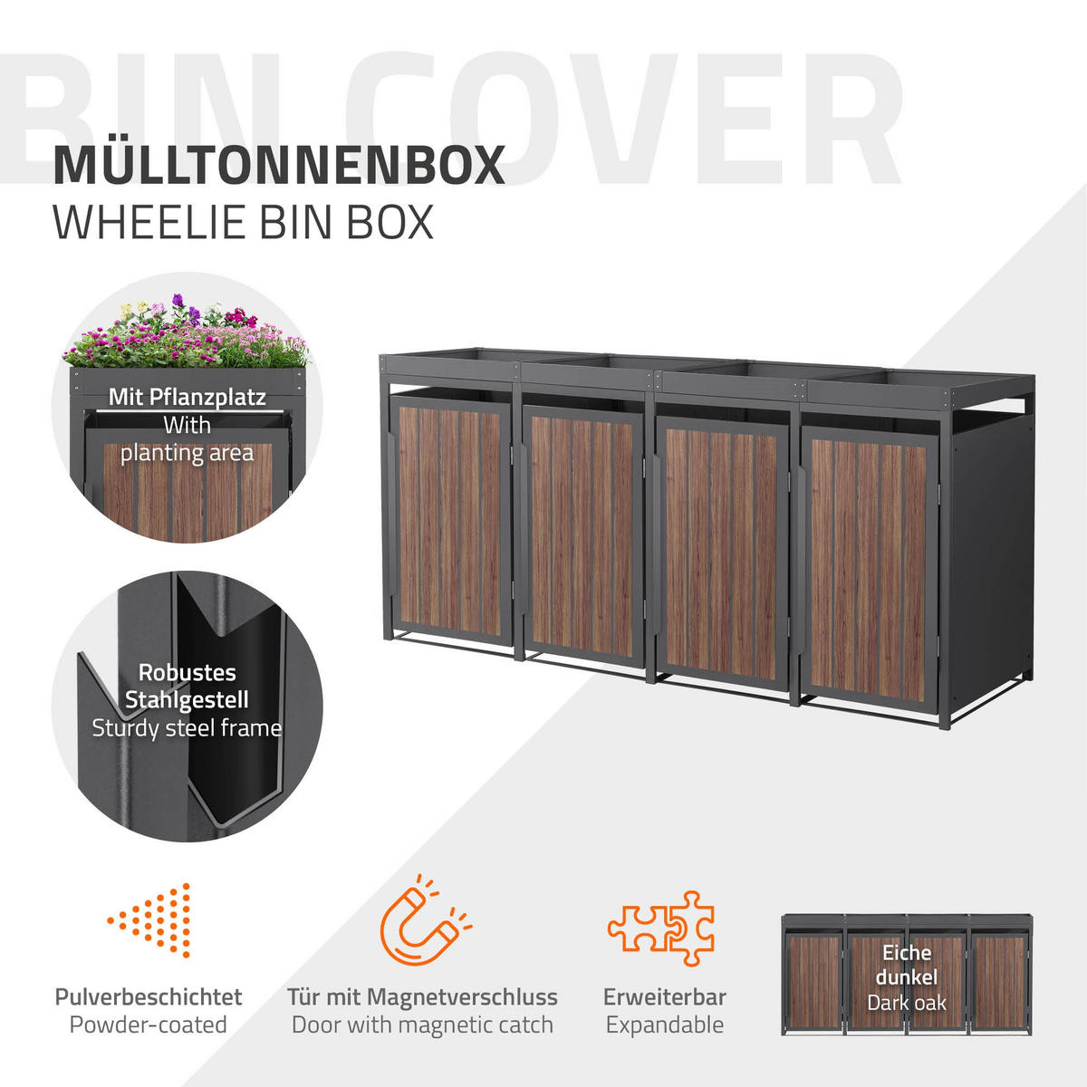 MÜLLTONNENBOX 4er mit Pflanzdach 240L Anthrazit-Holzoptik aus Stahl - Dunkelbraun, Metall (80/124/260cm) - ML-DESIGN