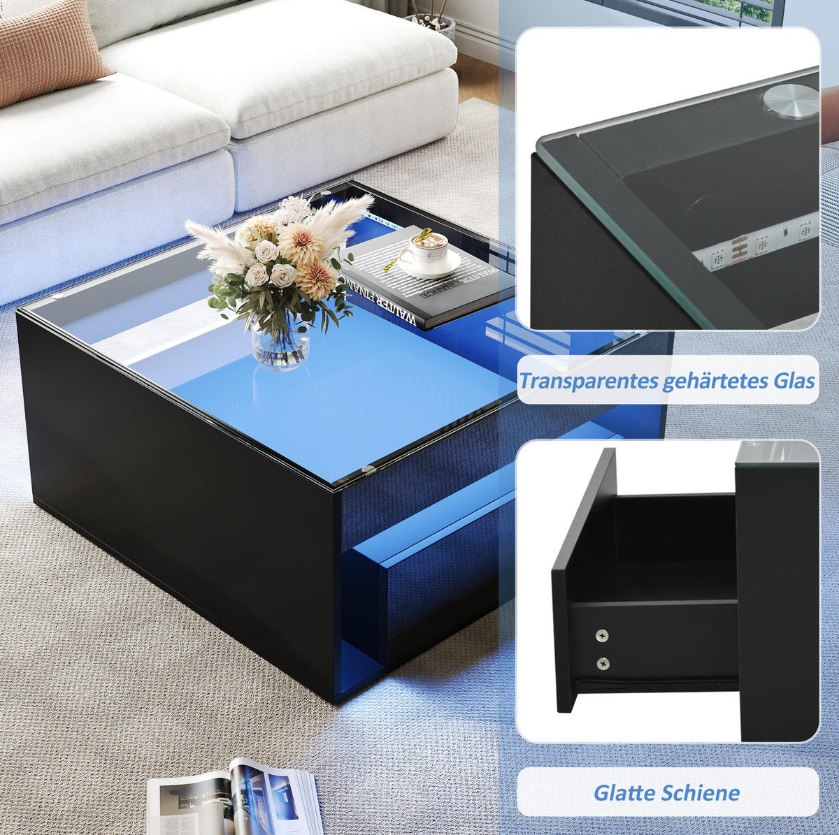 COUCHTISCH aus MDF und Glas 70x70x35 cm in Schwarz mit LED-Beleuchtung - Schwarz, Holzwerkstoff (70/70/35cm) - Modfu