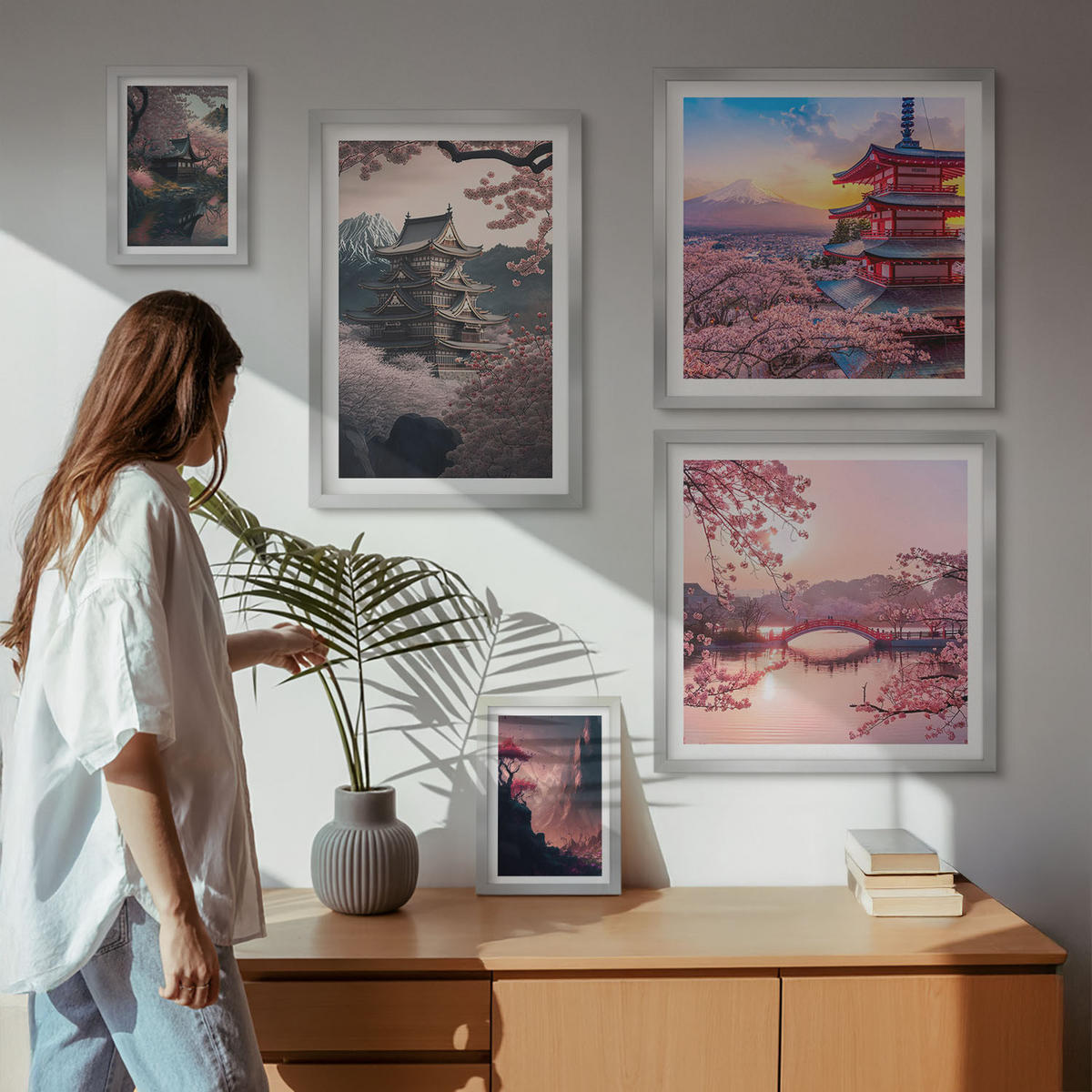 BILDER SET 5er Set - 50x50 cm & 20x30 cm & 40x60 cm Silberner Rahmen - Fantasielandschaften Japans - Silberfarben, Kunststoff (40/60cm) - TULUP