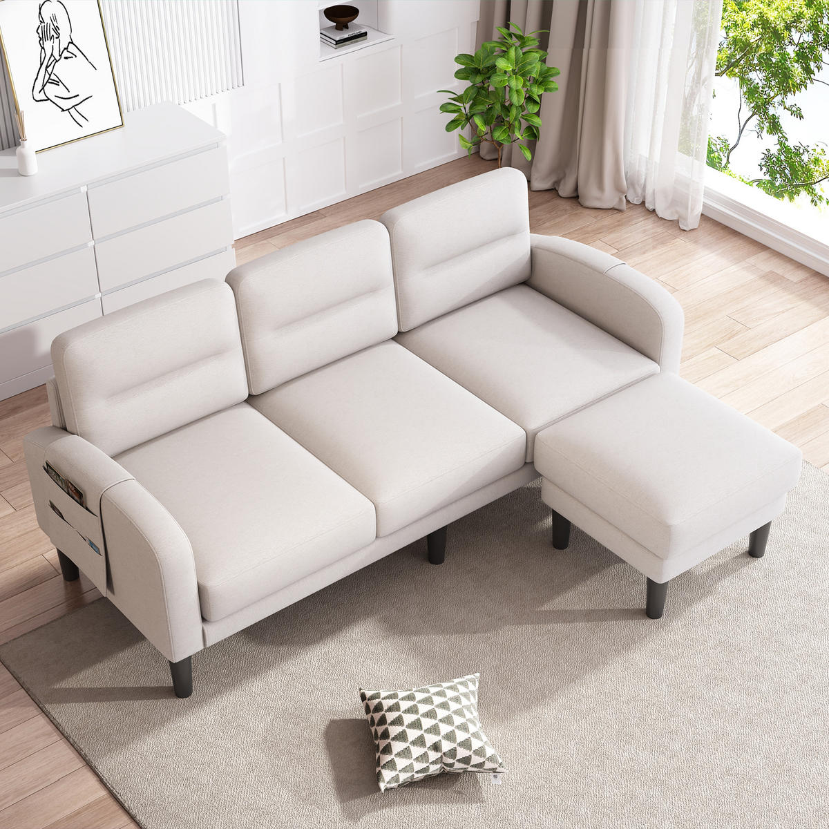 ECKSOFA 204/136/80 cm Beige mit Chaiselongue und Aufbewahrungstasche - Beige, Textil (204/136cm) - Oxeza