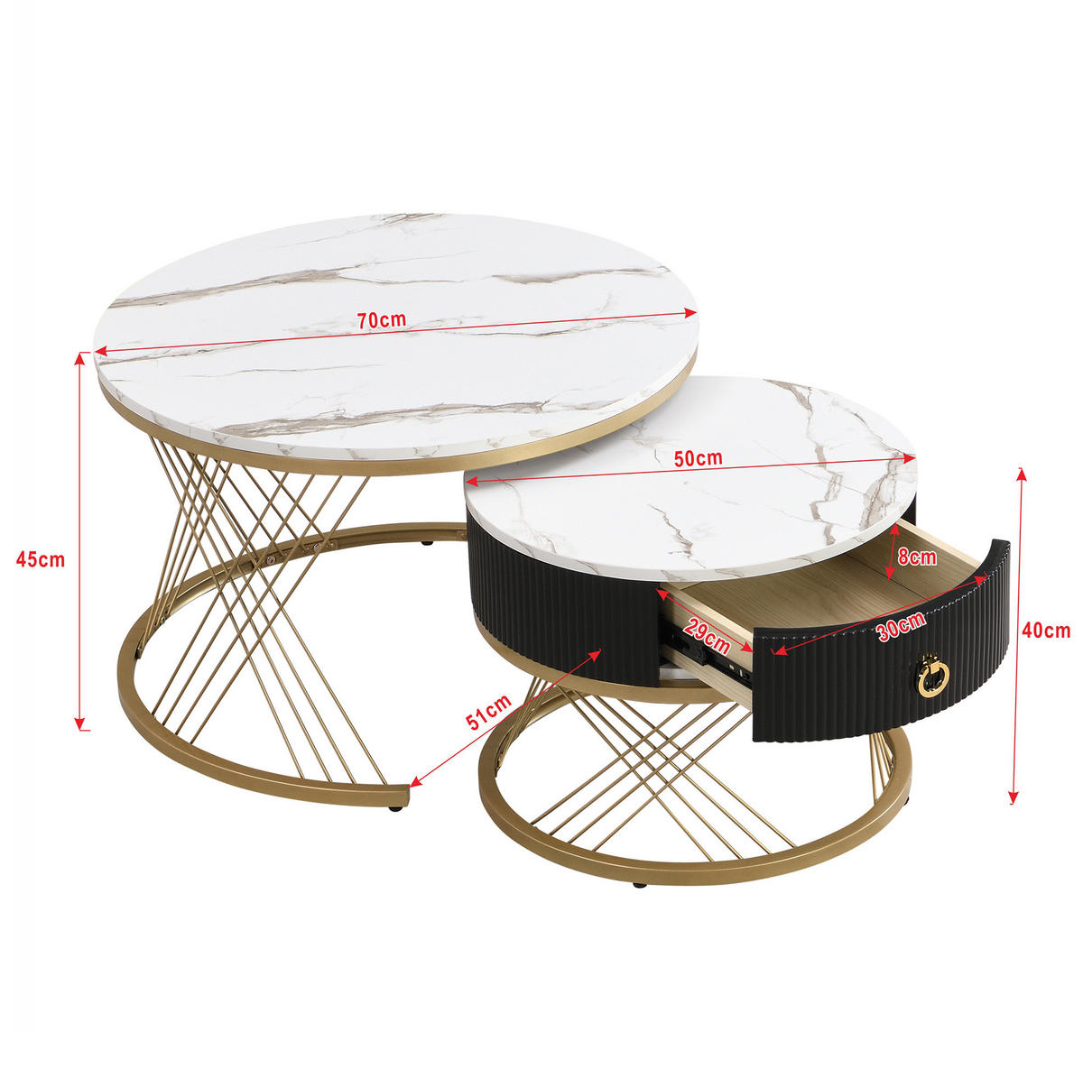 COUCHTISCH 70/70/45 + 50/50/40 cm in Marmor-Optik mit Schublade, 2er-Set - Weiß, Holzwerkstoff (70/70/45cm) - Flora Grace