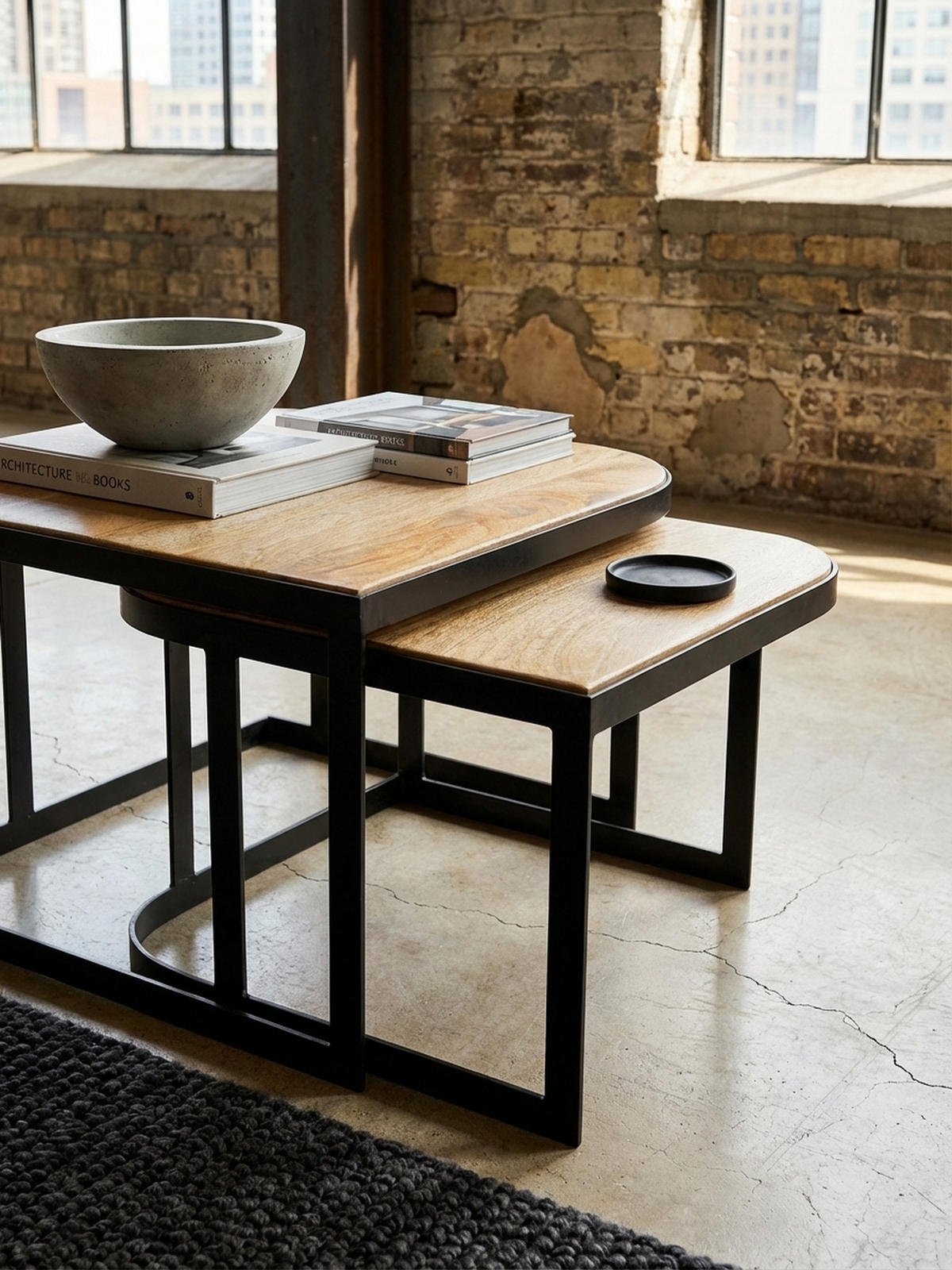 BEISTELLTISCH 2er Set Mango Massivholz Eisen Abgerundete Ecken TIMAVO, Braun 60x60x40 cm - Schwarz/Braun, Holz/Metall (60/60/40cm) - KADIMA DESIGN