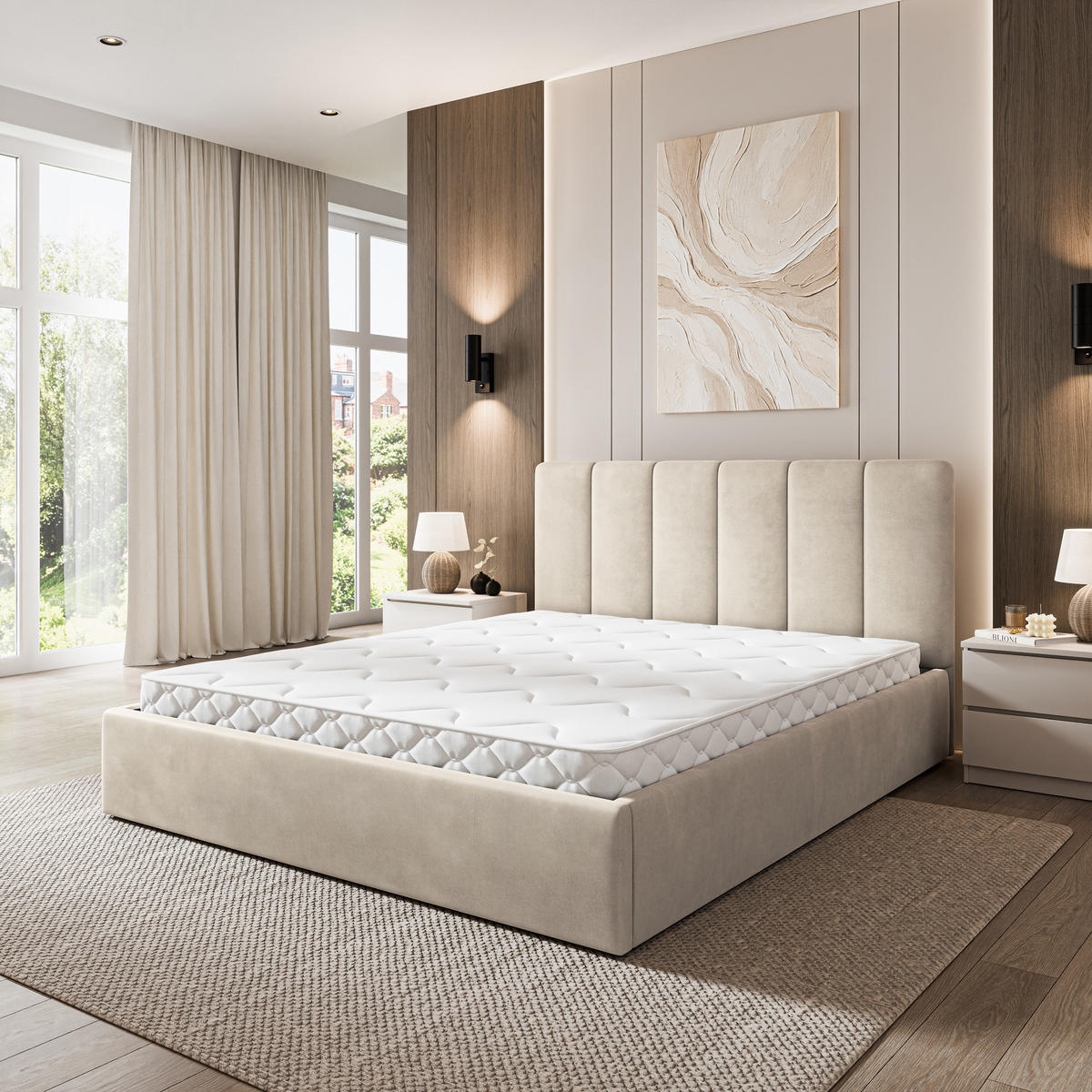 POLSTERBETT NEMIS 180x200 cm mit Bettkästen - Beige - Beige, Holz (180/200cm) - MASSENO