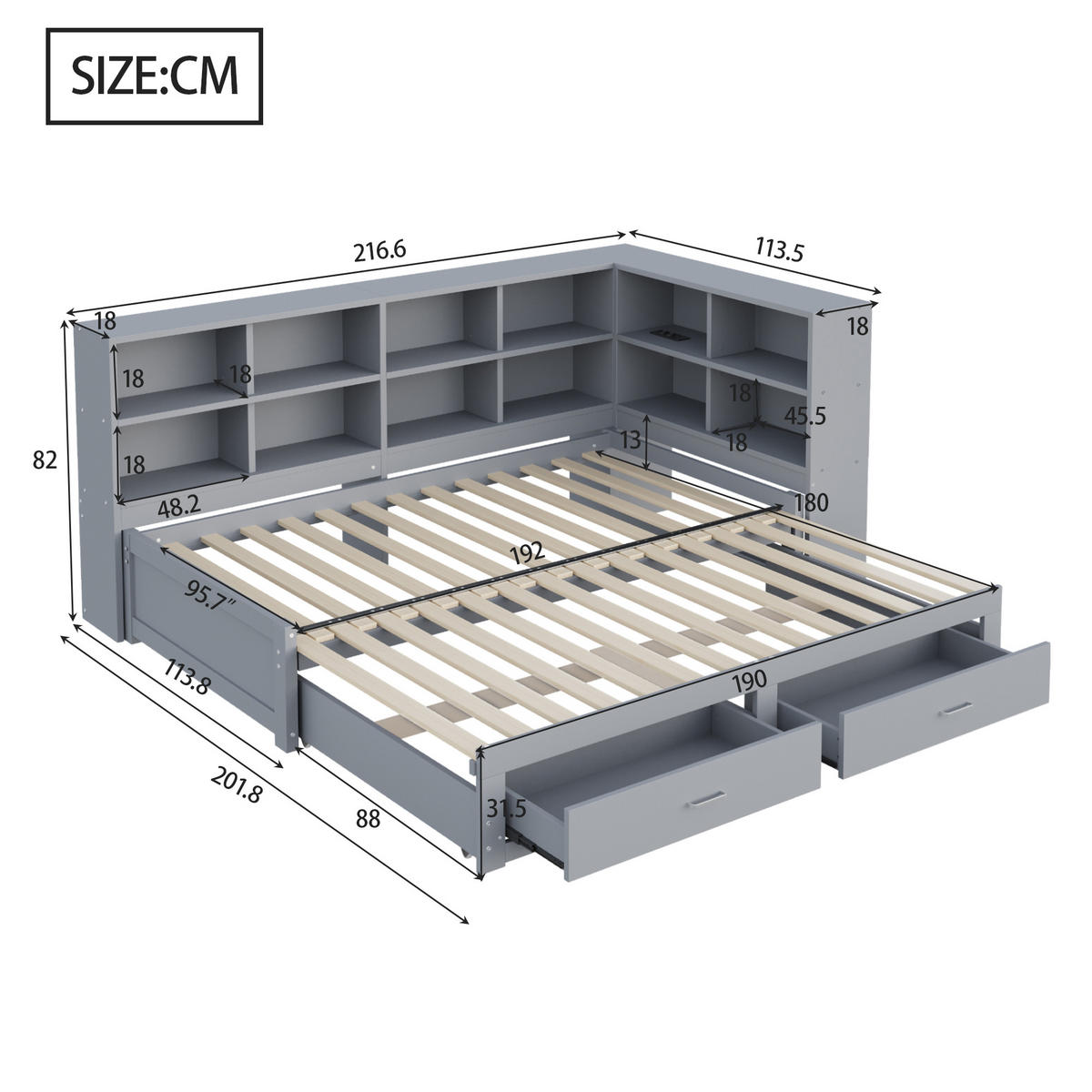 MULTIFUNKTIONSBETT 90/190 cm grau aus Holz mit Stauraum und Steckdose - Grau, Holzwerkstoff (90/190cm) - OKWISH