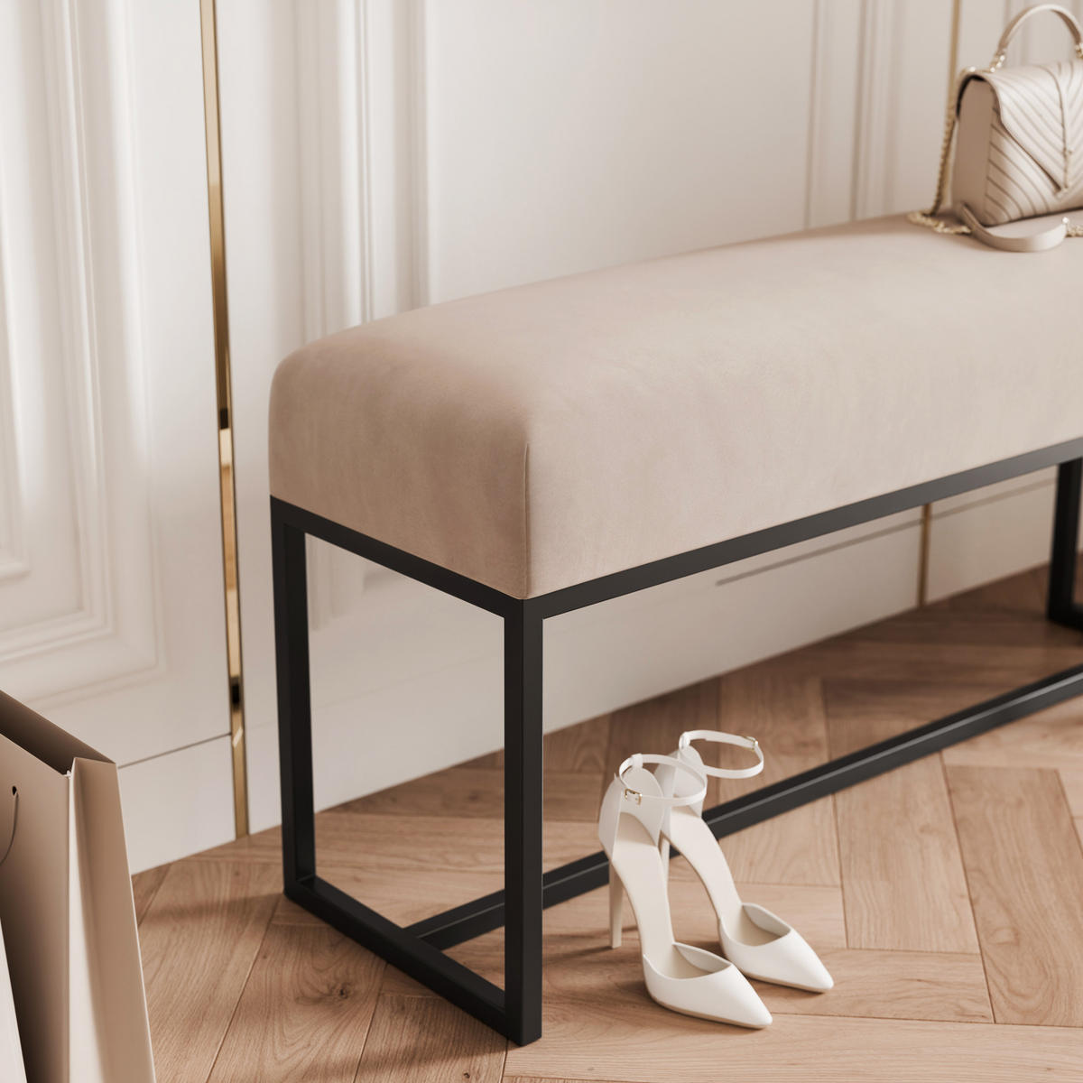 POLSTERBANK MUSE 90 cm Schwarz / Beige ,Metallgestell - Beige, Metall (90/47/30cm) - Idohome