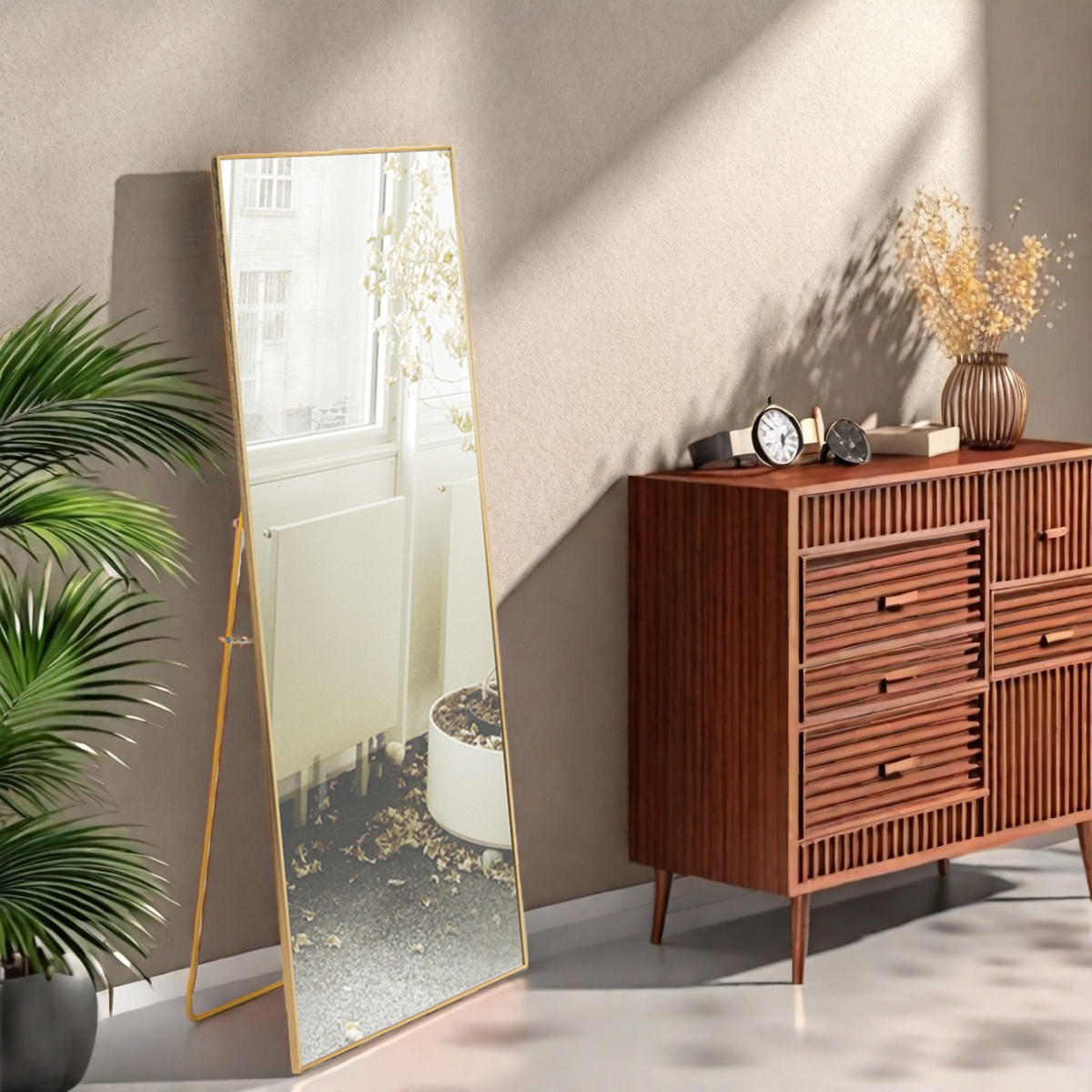 STANDSPIEGEL Ganzkörperspiegel, 1500 x 400 mm, freistehend oder zur Wandmontage geeignet, Aluminiumrahmen, goldfarben (59 x 15,7 Zoll) - Goldfarben, Glas (40/150/3cm) - WoodenAura