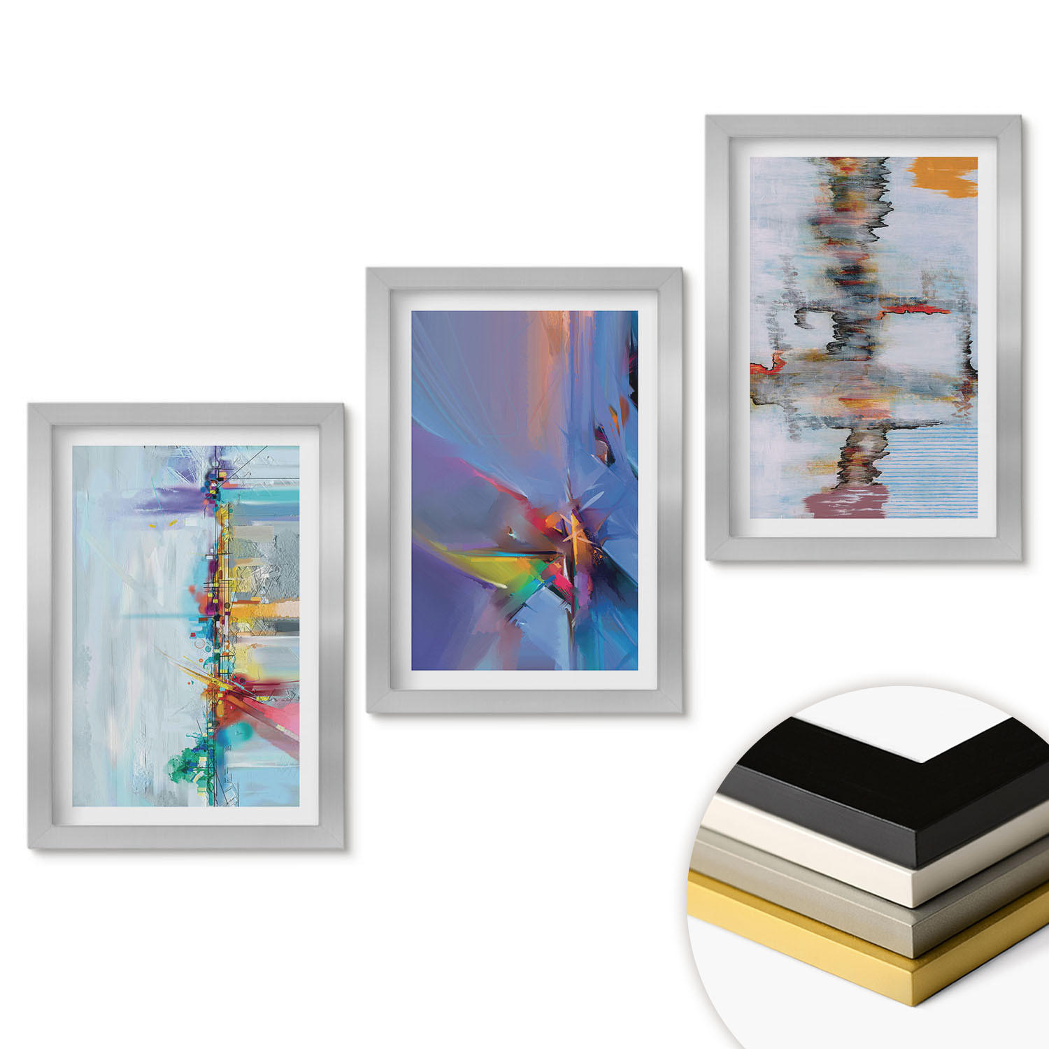 WANDBILDER 3er Set - 20x30 cm Silberner Rahmen - Abstrakte Gemäldekompositionen - Silberfarben, Kunststoff (20/30cm) - ArtPrintCave