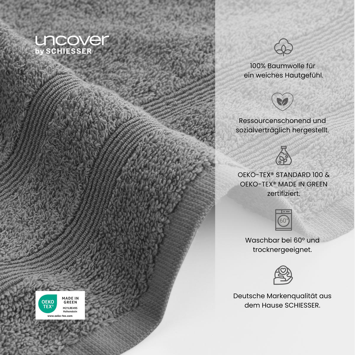 DUSCHTUCHSET Brooklyn - 2-teilig - 70 x 140 cm - Dunkelgrau - Dunkelgrau, Textil (70/140cm) - Uncover by Schiesser