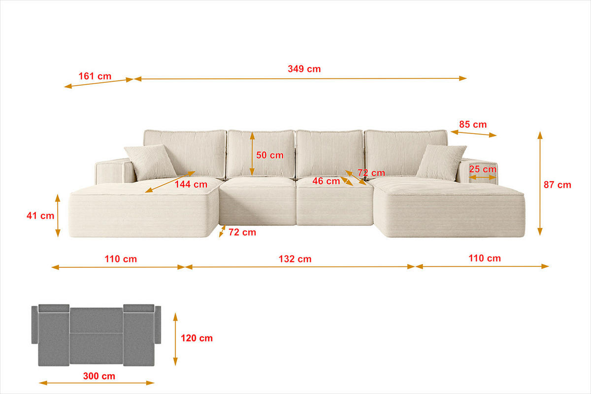WOHNLANDSCHAFT mit Schlaffunktion und Bettkasten SIERRA-U-S - 349x161x87 cm Beige Cord - Beige/Schwarz, Holzwerkstoff/Kunststoff (349/87/161cm) - ALTDECOR