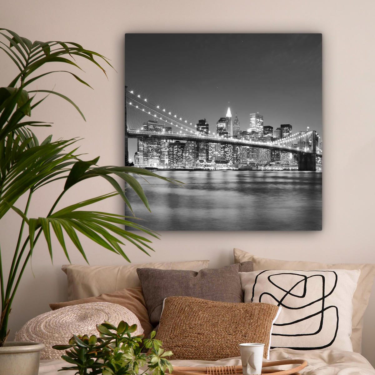 LEINWANDBILD - New York - Brücke - Brooklyn - Schwarz und weiß - Architektur - 90x90 - Gemälde - Schwarz, Textil (90/90cm) - MuchoWow