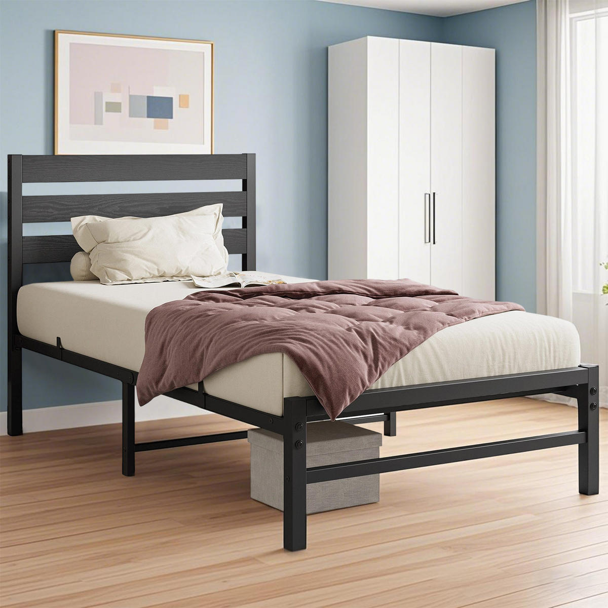 METALLBETT 90x200 cm Schwarz mit komfortablem Kopfteil, stabiler Konstruktion - Schwarz, Metall (90/200cm) - Modfu