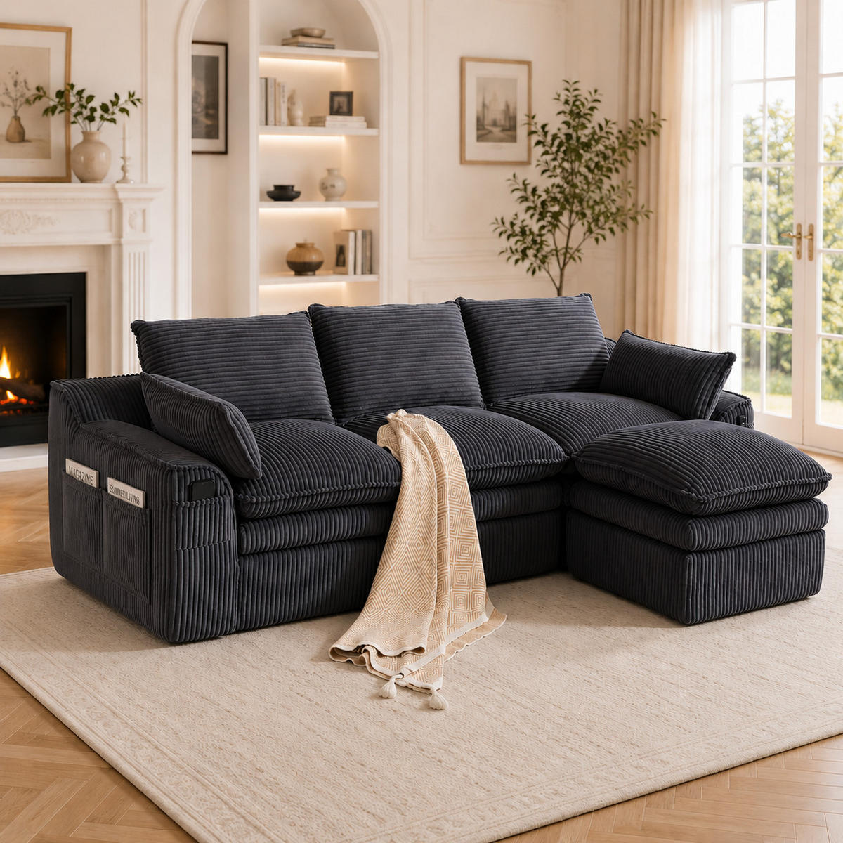 ECKSOFA DE-33776 3-Sitzer mit Hocker Dunkelgrau - Dunkelgrau, Metall (263/167cm) - ComfortXL