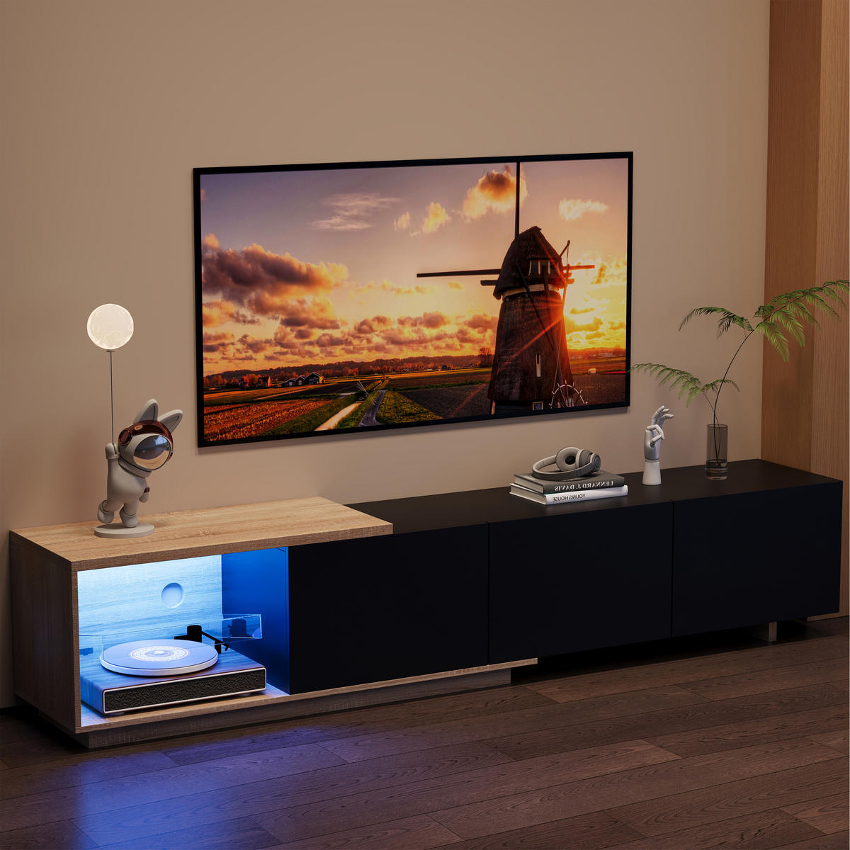 TV-SCHRANK 180 cm, schwarz, LED tricolor Sensor, Feder-Schubladen, Holz braun/schwarz - Schwarz, Holz (240/44/38cm) - EuroLiving