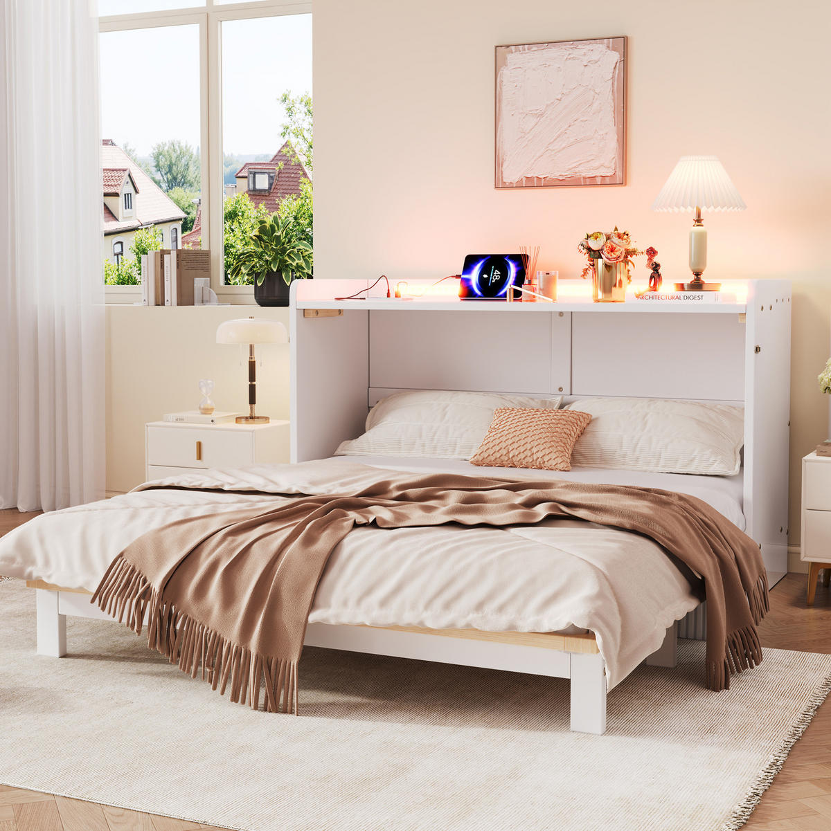 SKLÁPĚCÍ postel 140/200 cm bílá z MDF s LED osvětlením USB a zásuvkou - bílá, kompozitní dřevo (140/200cm) - OKWISH