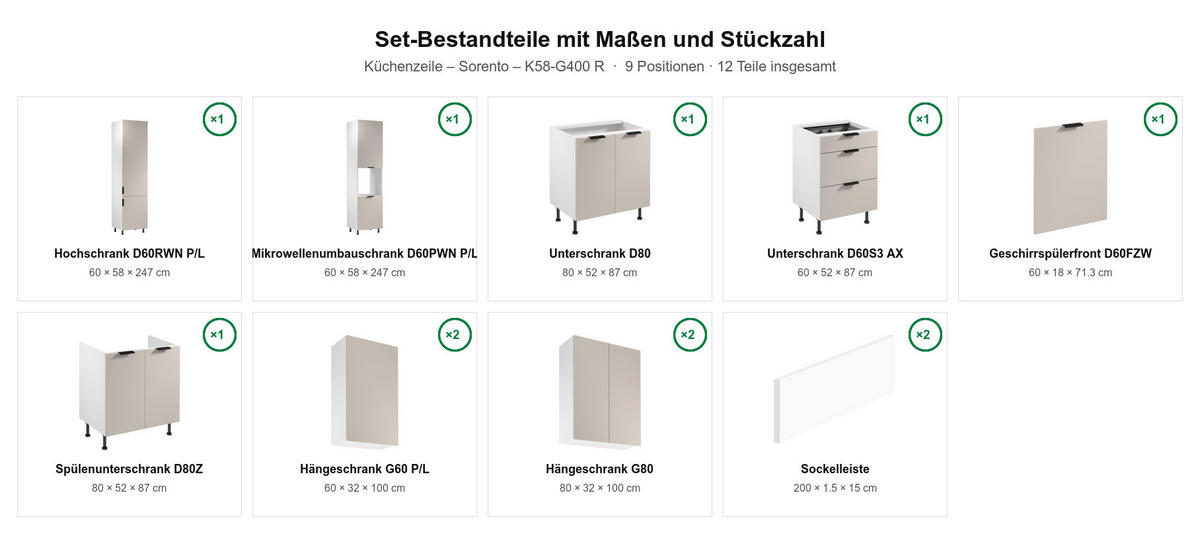 KÜCHENZEILE Sorento Weiß & Beige – 400 cm – K58-G400 R - Beige/Schwarz, Holzwerkstoff/Metall (400/247/58cm) - ROYAL24_MARKT
