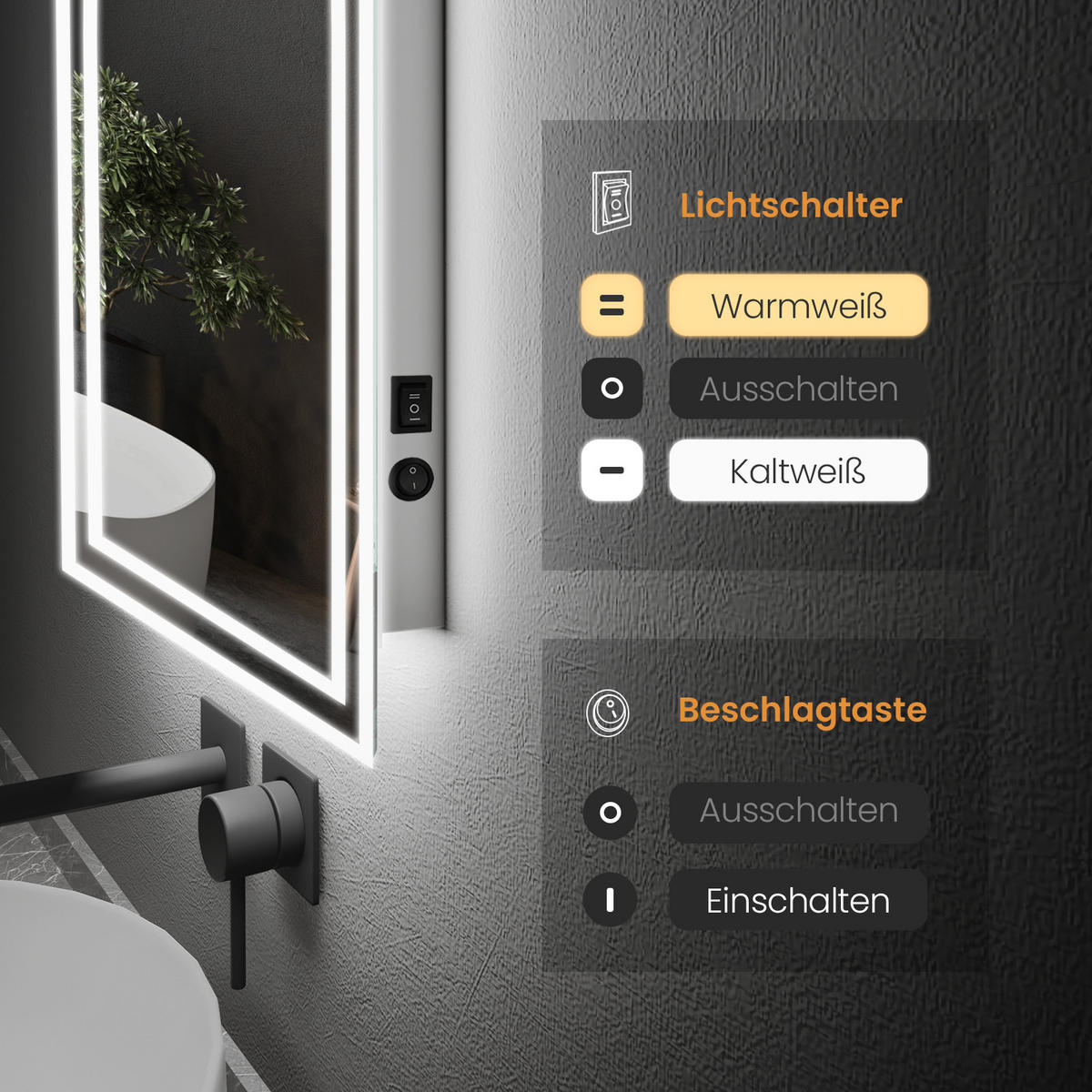 BADSPIEGEL mit Power-Off-Memory-Funktion Beleuchtung 100/60/3,5 cm - Weiß, Glas (60/3.5/100cm) - EMKE