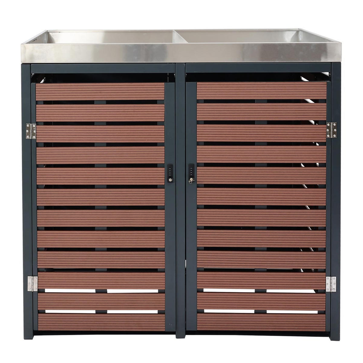 MÜLLTONNENBOX XL 2er-/4er mit Pflanzkasten HxBxT 124x146x102cm Walnuss-Holzoptik - Braun, Metall (146/124/102cm) - PROREGAL